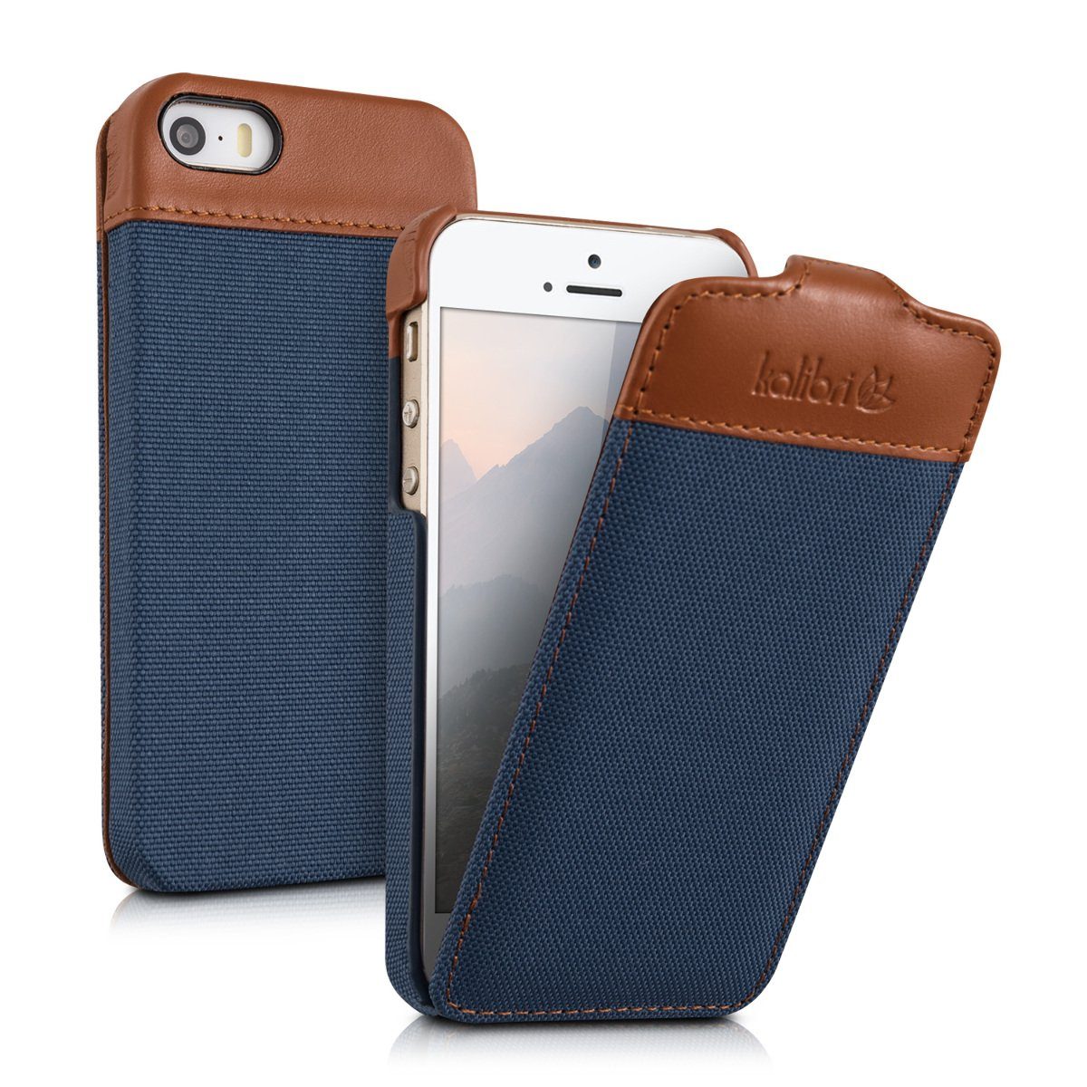 kalibri Handyhülle, Hülle für Apple iPhone SE (1.Gen 2016) / 5 / 5S -  Aufklappbare Stoff und Echtleder Schutzhülle Tasche im Flip Cover Case Style