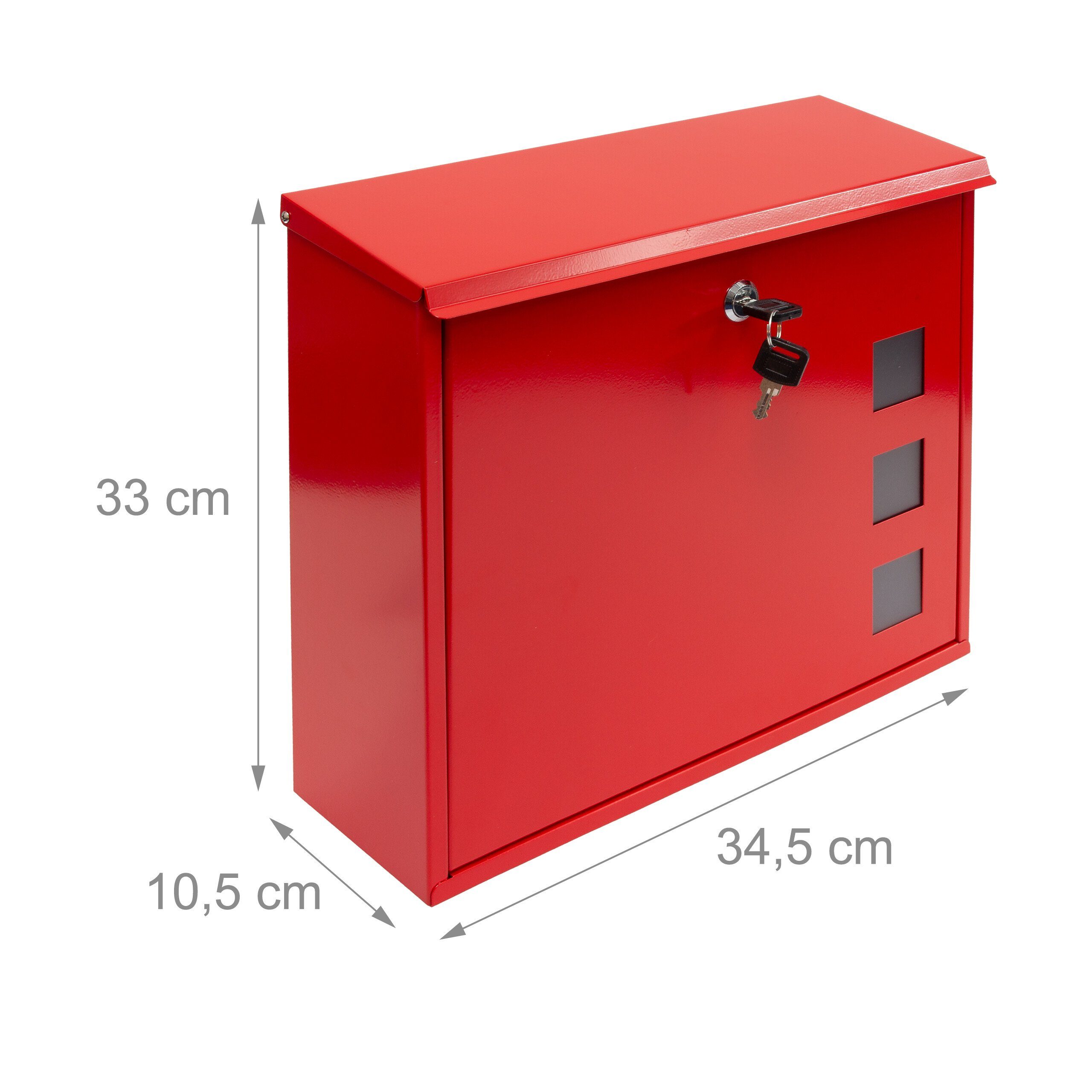 relaxdays Briefkasten Briefkasten 3 Farbauswahl, Fenster Silber Metall Rot Rot