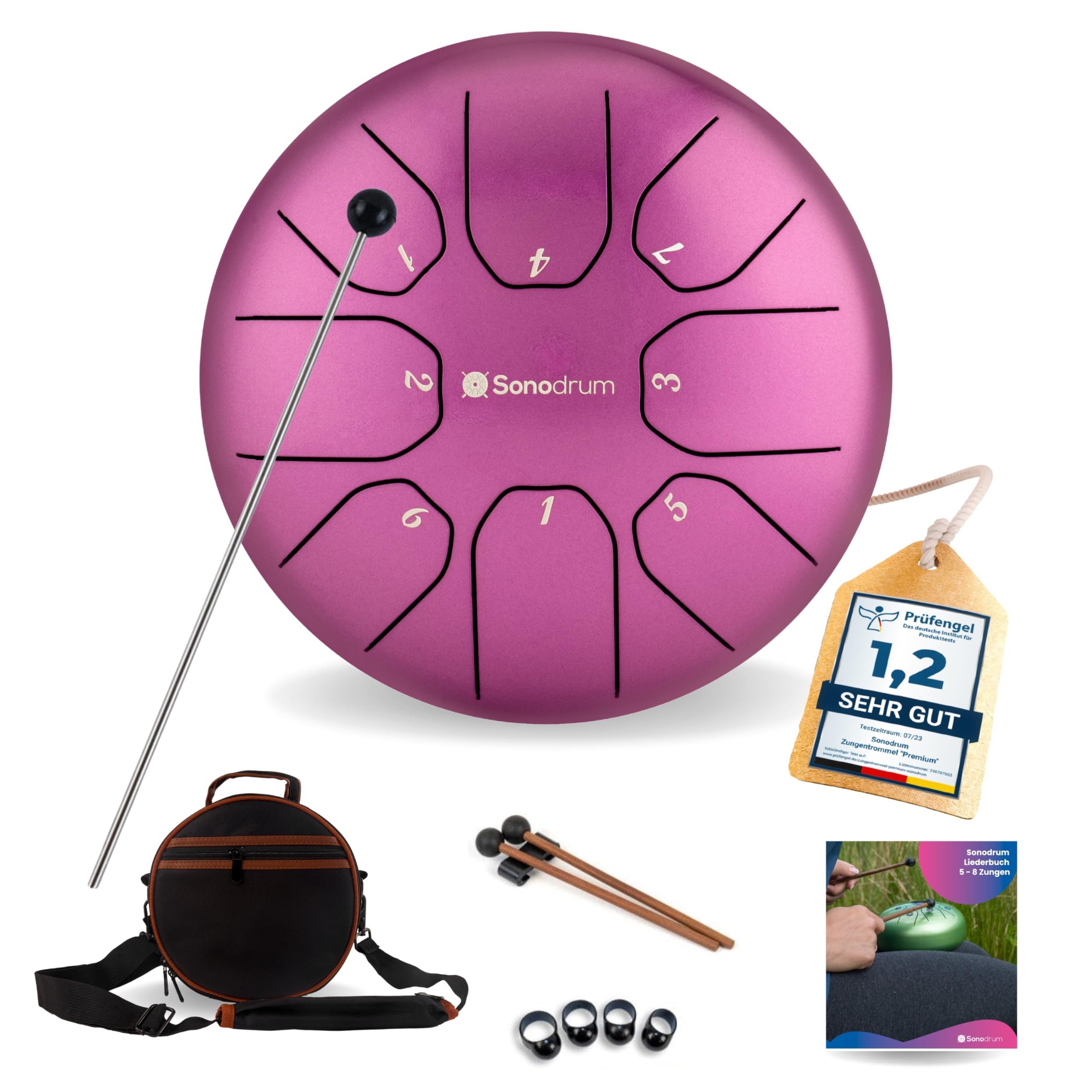 Sonodrum Steel Tongue Drum Zungentrommel "Standard" C - Dur- 20 cm klein mit 8 Tönen,- Steel Tongue Drum inkl. Liederbuch, Schlägel, Fingersticks und Tragetasche, - Notenlesen nicht nötig, einfach zu spielen