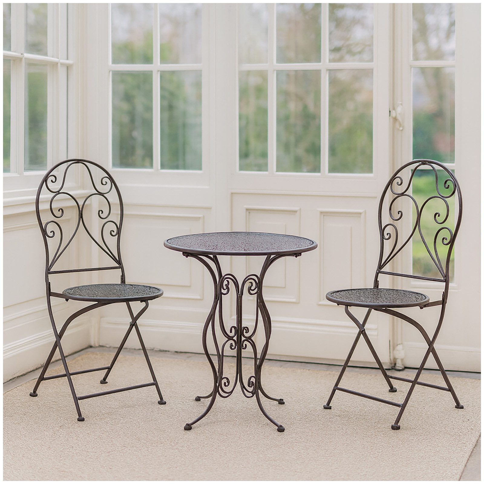 HTI-Living Garten-Essgruppe Bistroset aus Metall 3-teilig, detailreich verzier, (Set, 3-tlg., 1 Tisch 2 Klappstühle ohne Dekoration), Sitzgruppe Metall