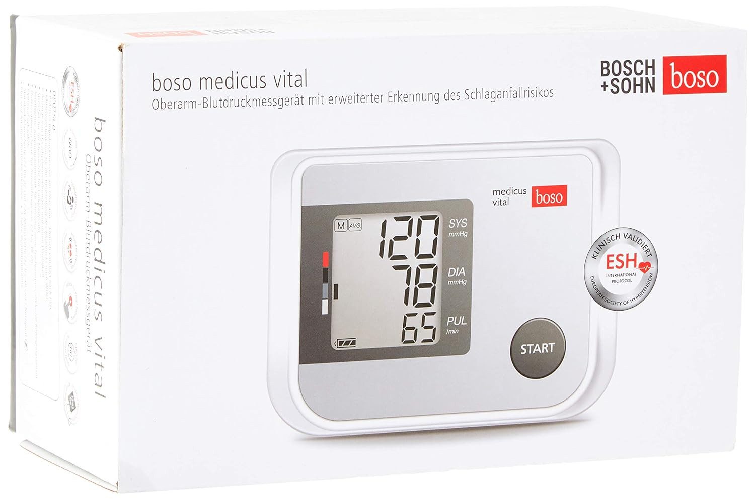boso Oberarm-Blutdruckmessgerät boso medicus vital, Bewegungssensor zur Vermeidung von Fehlmessungen, Herzrhythmusstörungen Erkennung, Intelligente Aufpumpautomatik