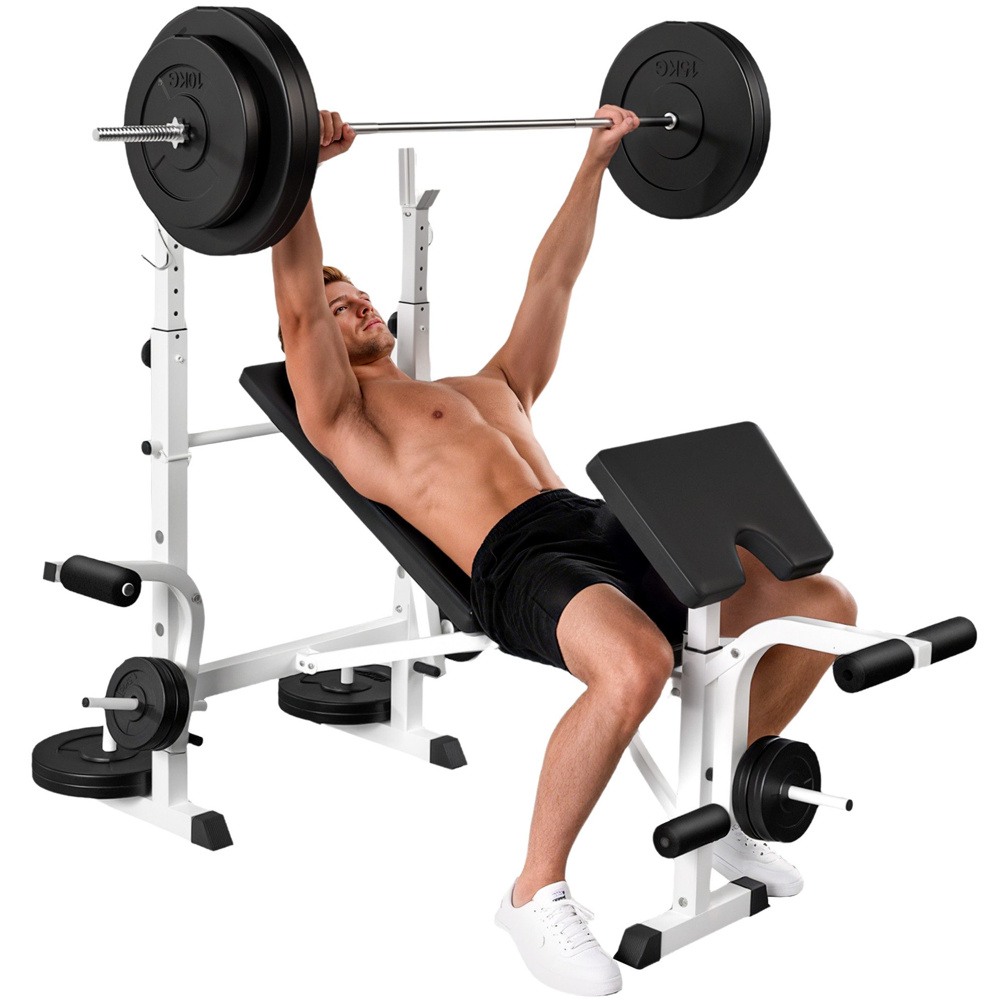 HOMCOM Hantelbank Verstellbar Multifunktionaler Trainingsbank mit Hantelablage, (Beinpresse, 1-tlg., Armauflage für Gewichtstraining), 180cm x 134cm x 136cm
