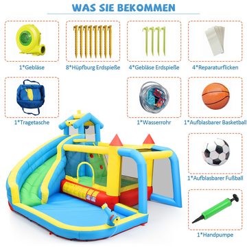 Welikera Hüpfburg 5 in 1 Aufblasbare Schloss für Kinder von 3-10 Jahren,364*315*239cm, Castle Bouncer mit Rutsche Sprungbereich Wasserpool Fußballnetz