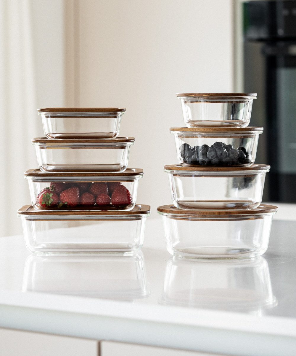 Zoha Frischhaltedose Vorratsdosen Glas mit Deckel - Set mit Akaziendeckel, (8-tlg., luftdicht), Mikrowellenfest, spülmaschiengeeignet und ofenfest ohne Deckel