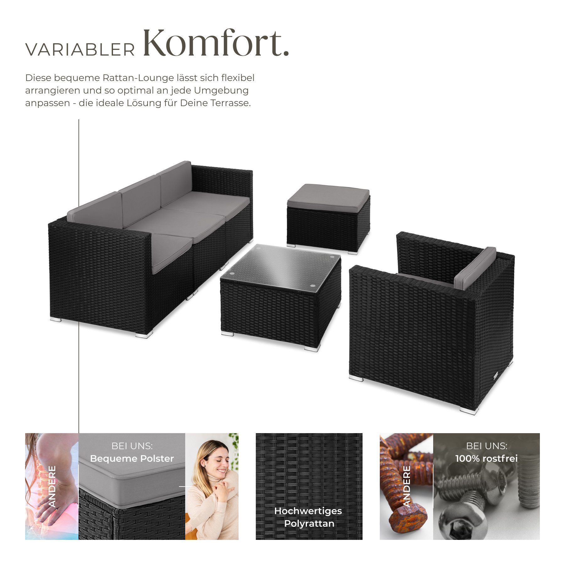 tectake Loungeset Rattan Sitzgruppe mit Sicherheitsglasplatte, für 4 bis 5 Personen, (Gartenlounge-set Lignano, 6-tlg., geeignet für Outdoor in Schwarz), widerstandsfähig und UV-beständig, variabel aufstellbar