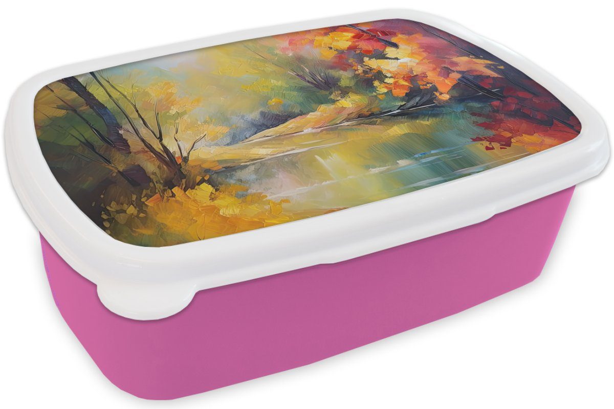 Kunststoff Lunchbox Erwachsene, rosa Snackbox, - Mädchen, - Kunststoff, MuchoWow Fluss für Kinder, - (2-tlg), Landschaft Farbenfroh, Ölgemälde Brotbox Brotdose