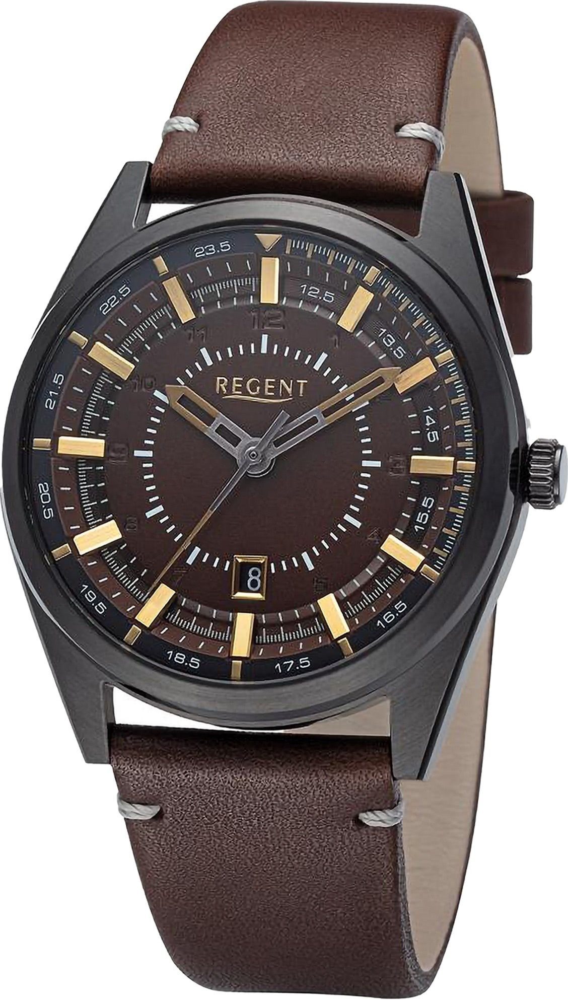 Regent Quarzuhr Analog, Armbanduhr Regent Herren (ca. 41mm), rund, Armbanduhr Lederarmband groß extra Herren