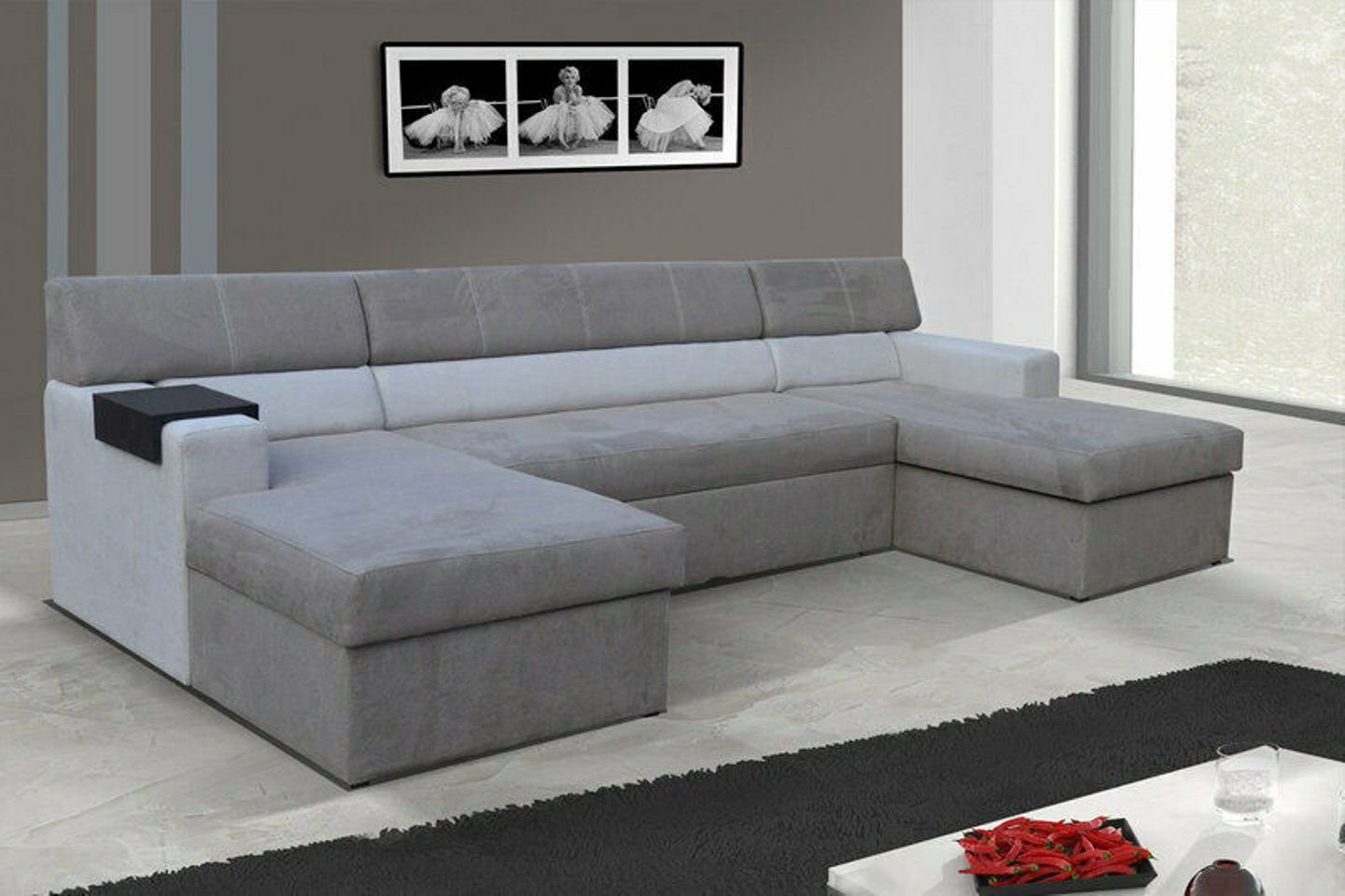 JVmoebel Ecksofa, Design Ecksofa Markos U-form Bettfunktion Couch Grau
