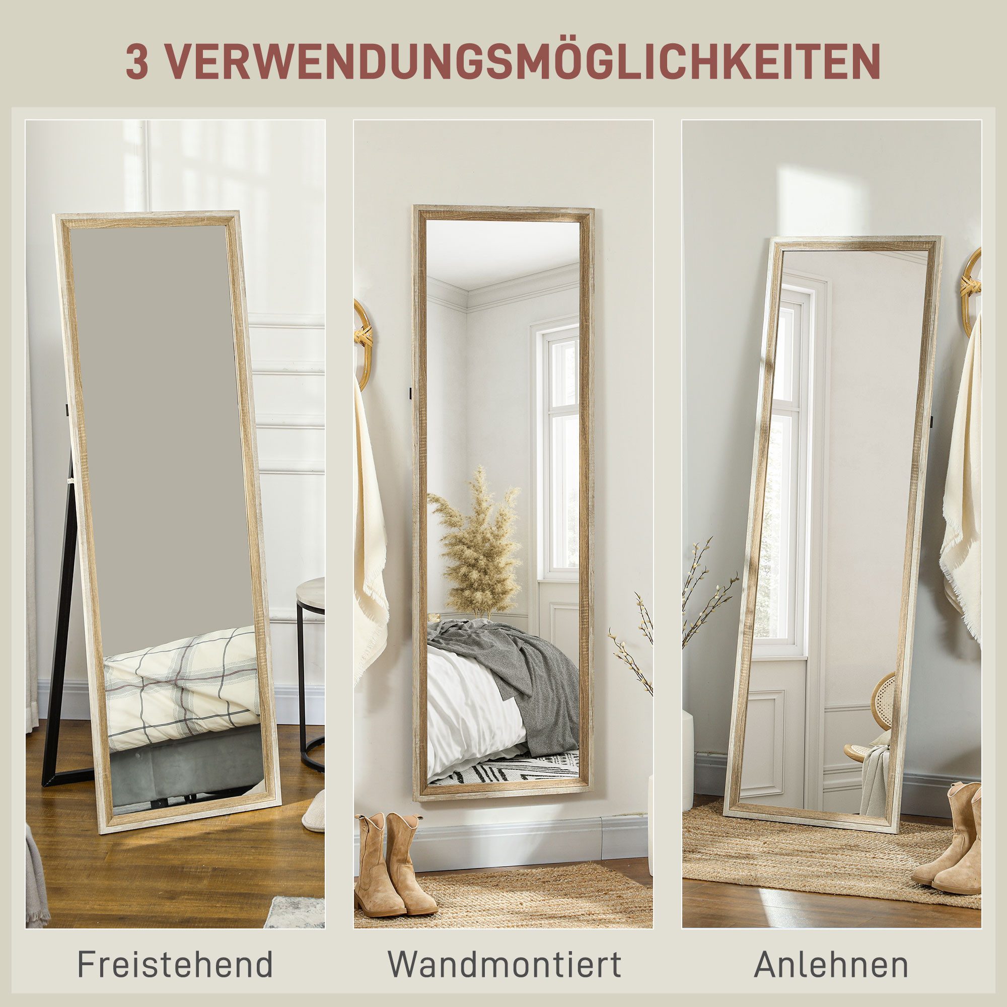 HOMCOM Standspiegel mit Zweifarben-Design (Ganzkörperspiegel, 1-St., Wandspiegel für Wohnzimmer, Schlafzimmer), 53,3 x 2,5 x 162,6 cm, Weiß+Naturholz