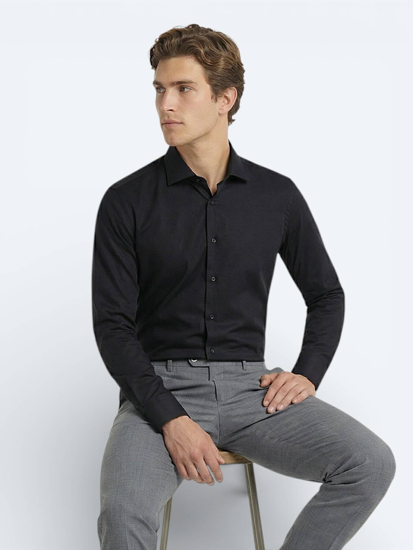 KİP Hemdbluse Schwarzes Klassisches Slim Fit Baumwollhemd