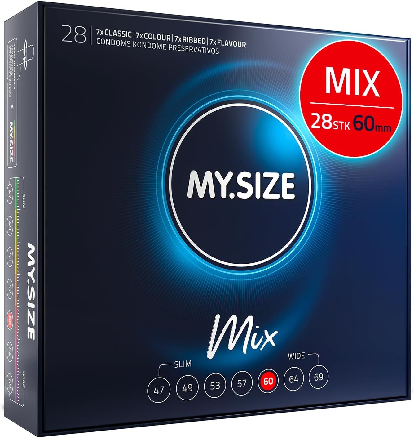 MY.SIZE Kondome Mix, gemischte Kondome in individueller Passform, blaue, rote mit Erdbeeraroma, gerippt, classic