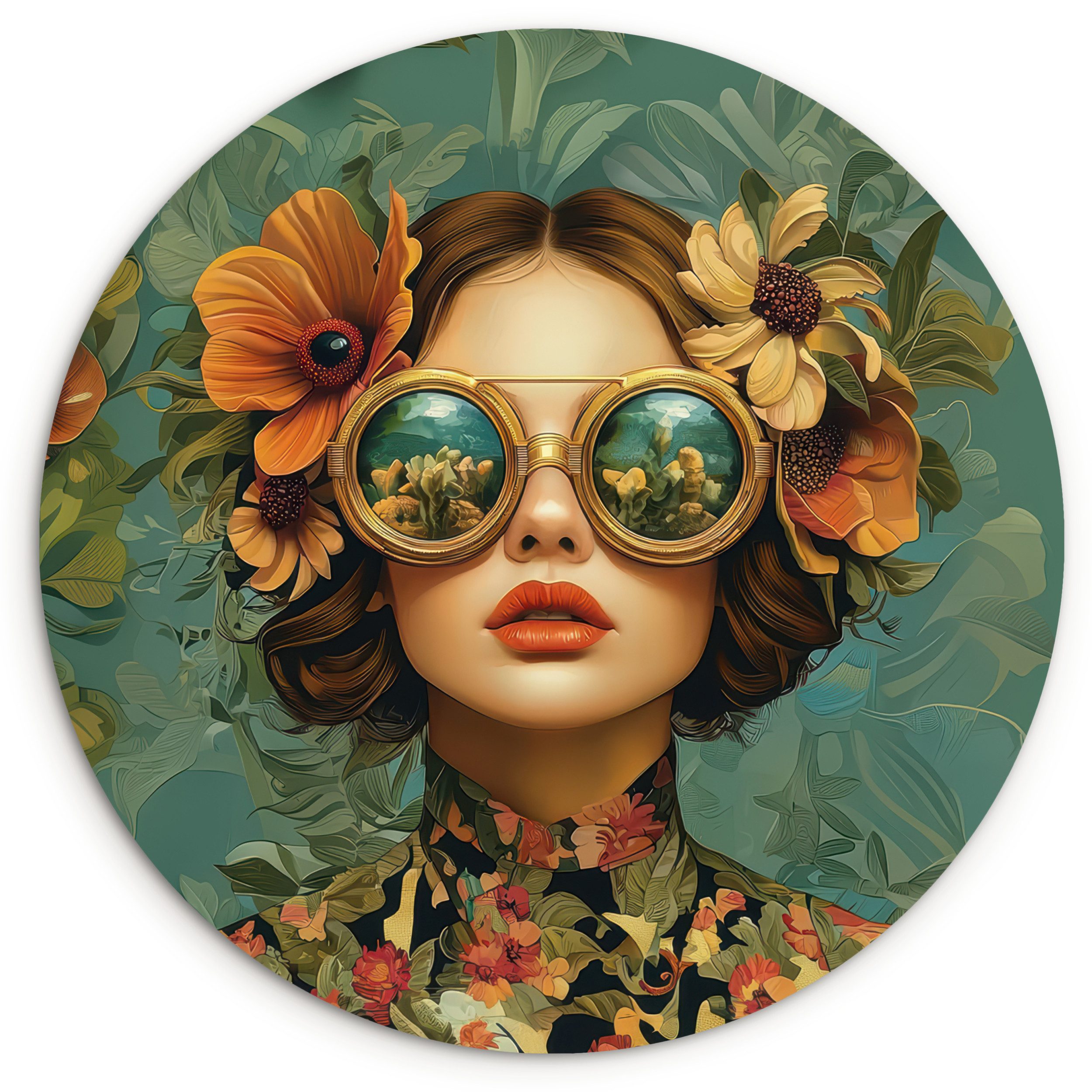 MuchoWow Gemälde Frau - Blumen - Schmetterlinge - Natur - Vintage, Fotodruck (1 St), Kreis Wanddekoration, Rundes Wandbild, 30x30 cm