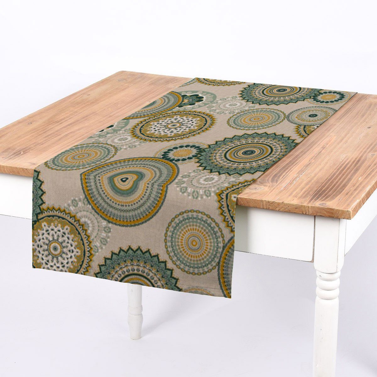 SCHÖNER LEBEN. Tischläufer SCHÖNER LEBEN. Tischläufer Mandalas natur grün 40x160cm, handmade