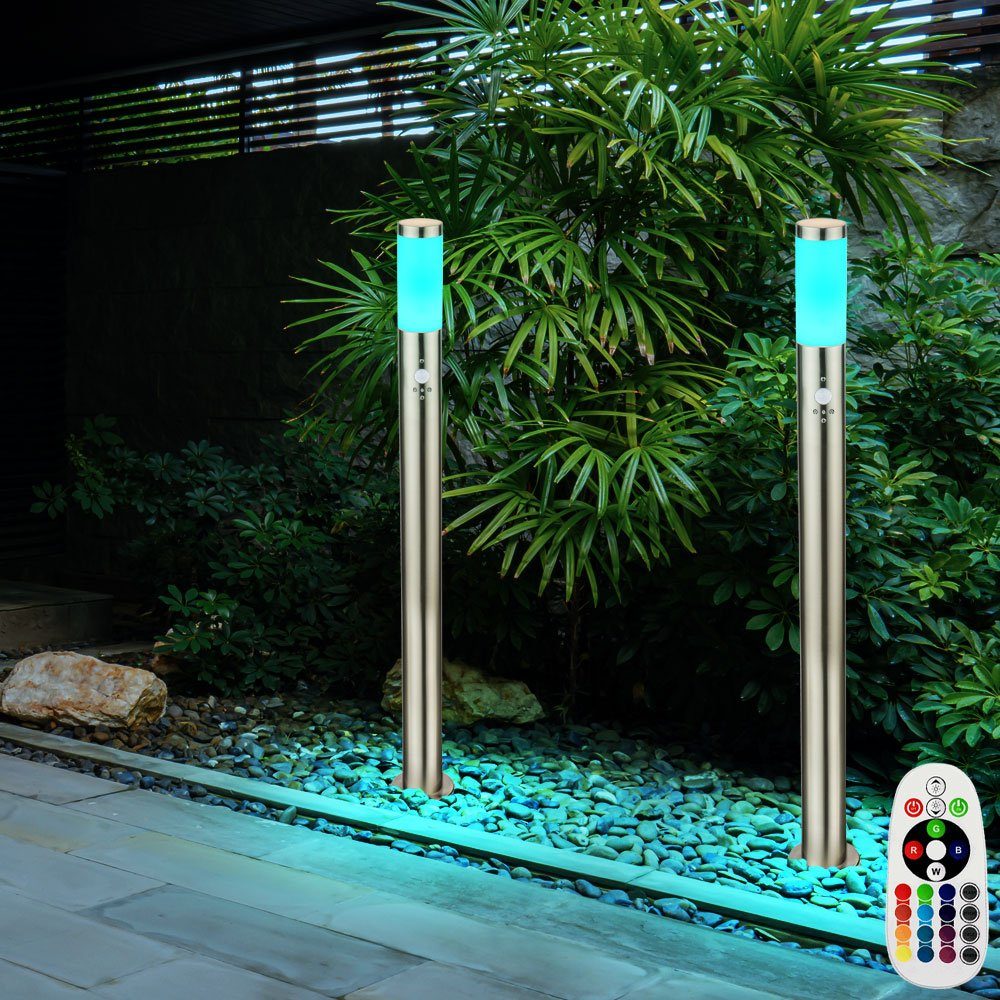 etc-shop LED Außen-Stehlampe, Leuchtmittel inklusive, Farbwechsel Edelstahl Set Lampe im Warmweiß, Leuchte Außen Stand Sensor Farbwechsel