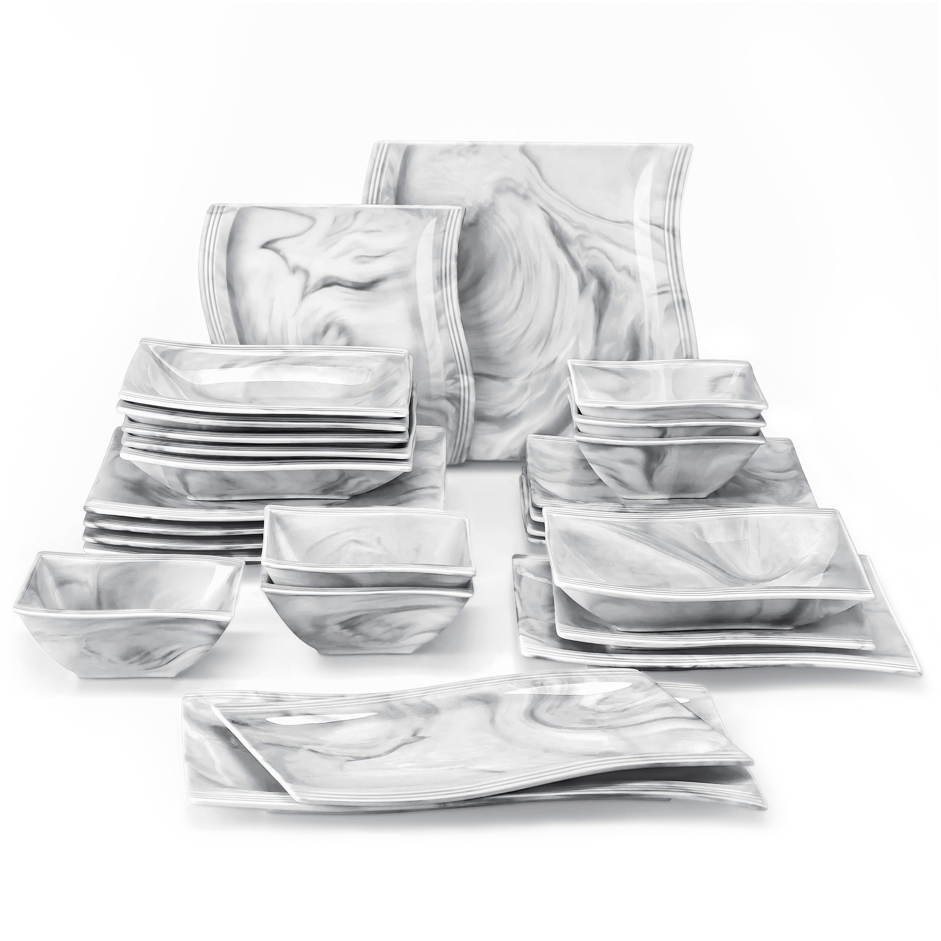 MALACASA Geschirr-Set Tafelservice FLORA für 6/4 Personen Marmor Geschirrset (26-tlg), 6 Personen, Porzellan