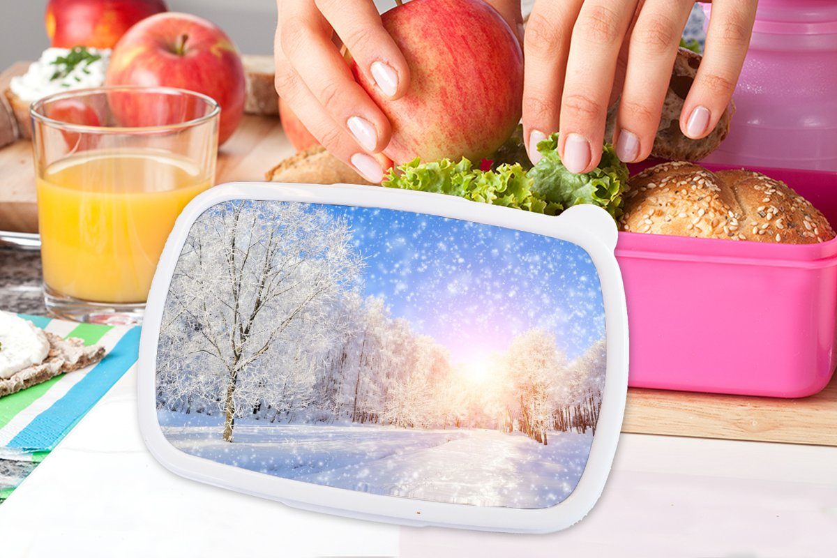 Lunchbox Mädchen, Snackbox, (2-tlg), - Kunststoff für Erwachsene, Kinder, Brotbox MuchoWow Brotdose Winter, - Kunststoff, Sonne rosa Schnee