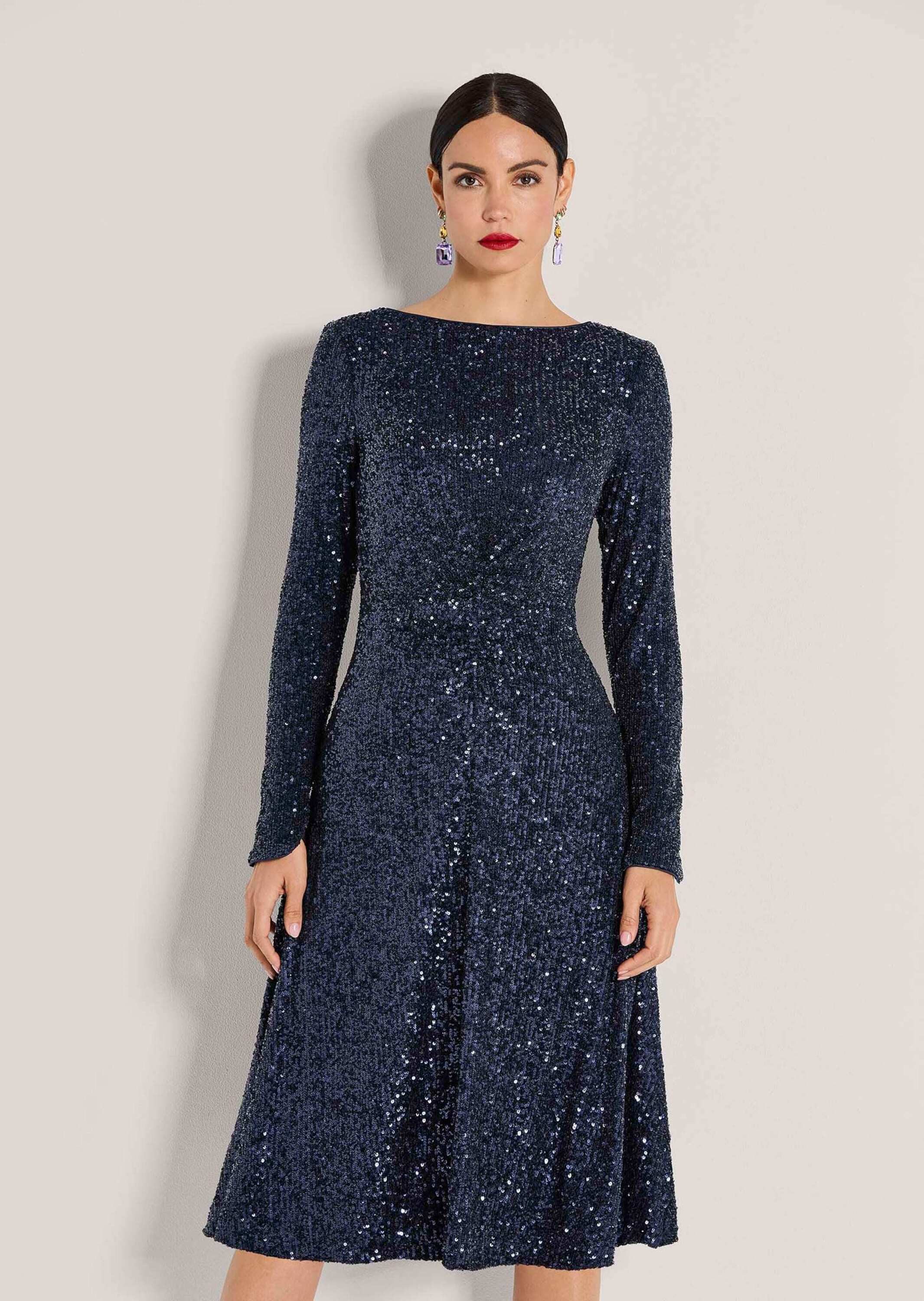 MADELEINE Midikleid Abendkleid mit Glanzeffekt Stilvolles Eventkleid mit U-Boot-Ausschnitt und Langarm