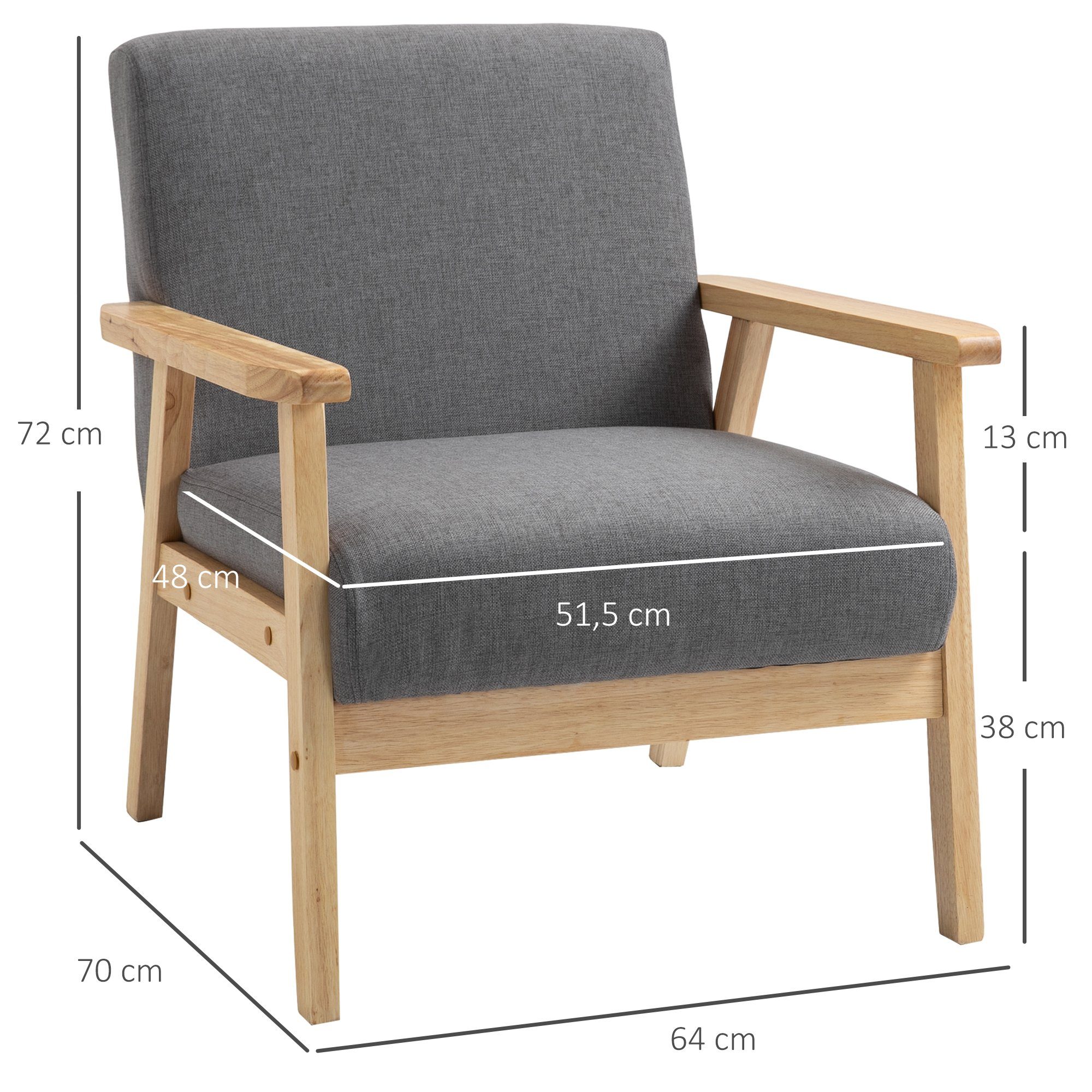 HOMCOM Relaxsessel Loungesessel mit Armlehnen in Leinenoptik (Esszimmerstuhl, 1-St., Sessel), Grau, 64 x 70 x 72 cm