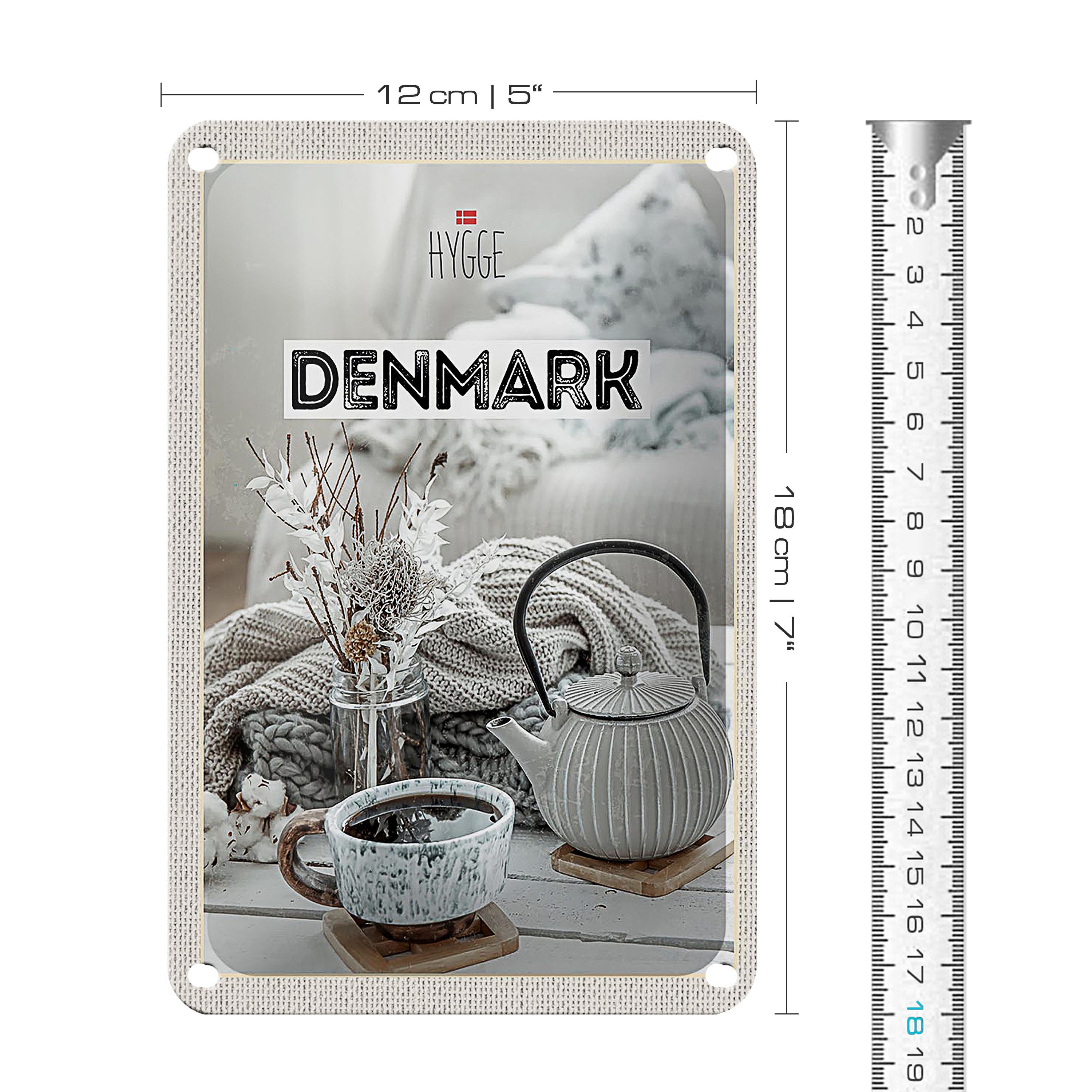 Roomando Metallschild Reise 12x18cm Dänemark weiß Teekanne gemütlich Decke