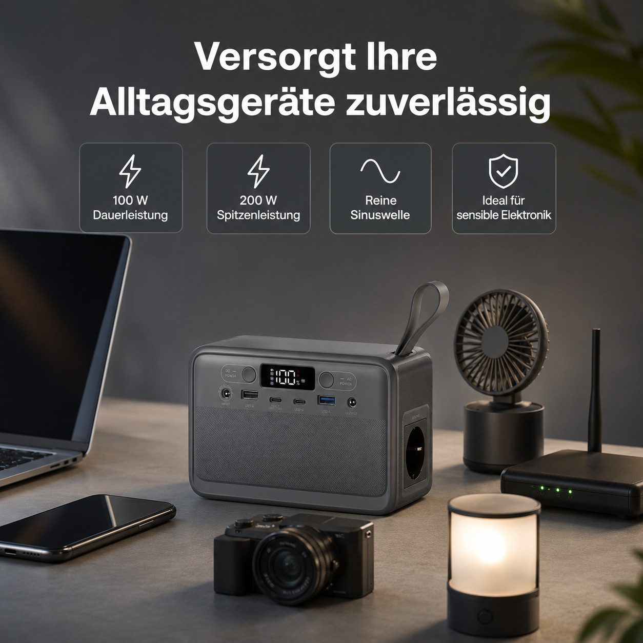 Goldstern-Tech Powerstation 89,6 Wh LiFePO4-Akku Tragbarer Stromspeicher (12 V), 200 W Spitzenleistung, 2x USB-C, LED-Licht