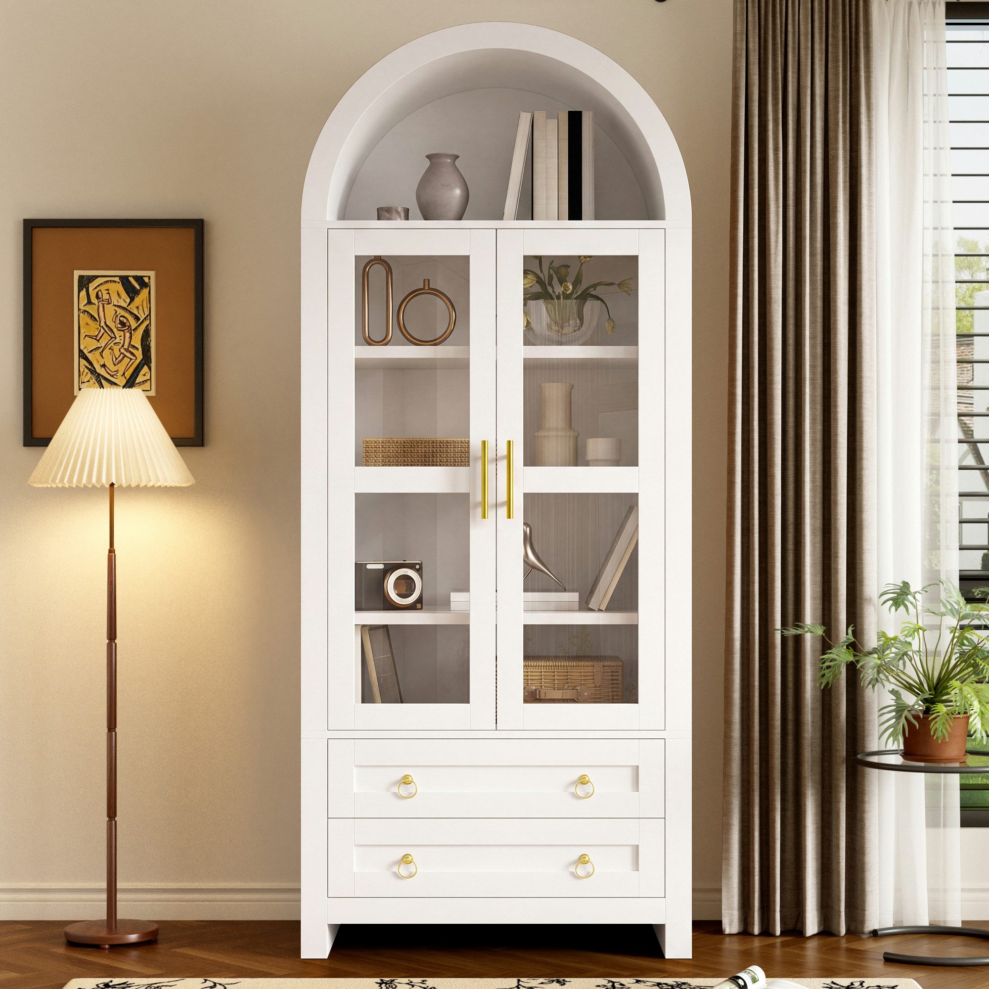 Merax Hochschrank mit LED-Beleuchtung,Standvitrine Vitrinenschrank mit Retro-Bogendesign (Aufbewahrungsschrank Buffetschrank Anrichte, 1-St., 76 x 40 x 180 cm)  – Bild 3 von 5