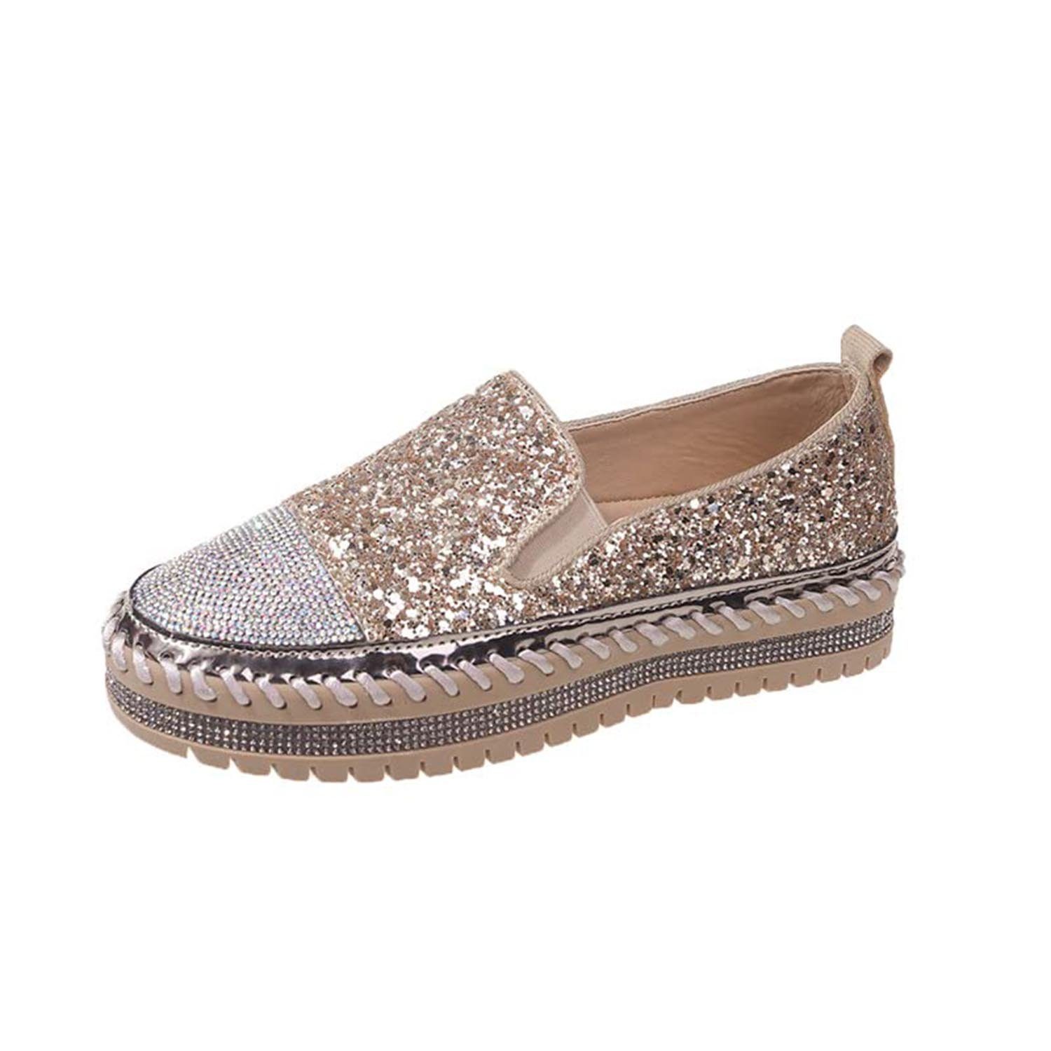 Daisred Damen Slip-On Sneakers Flache Strass Glitzer Loafer Gold