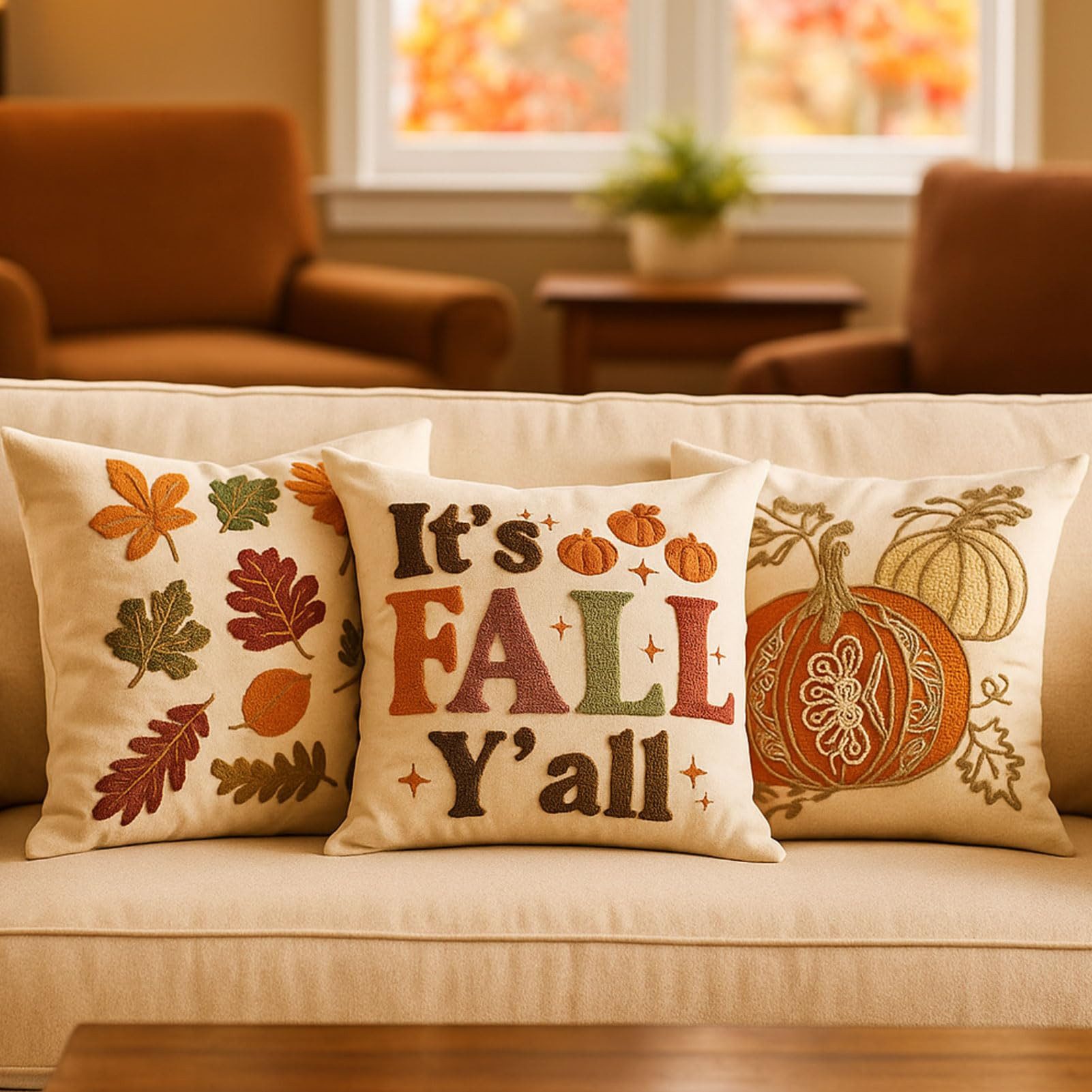 Sorvyzxn Kissenbezug 45x45 cm Herbstdeko, Kissenhülle mit 3D-Stickerei und Leinenoptik, (2 Stück), Ahornblatt Muster, Dekokissen Bezug für Sofa Wohnzimmer Schla – Bild 5 von 5