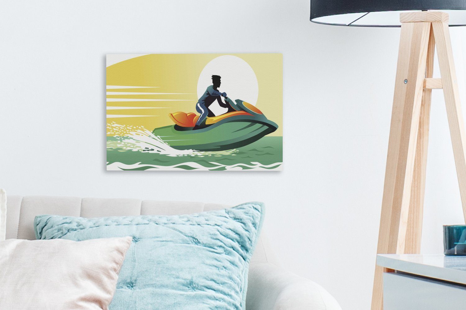 St), Leinwandbild auf Wanddeko, der vor (1 Illustration einem 30x20 Leinwandbilder, OneMillionCanvasses® einer Sonne, Jetski Aufhängefertig, Wandbild cm Person