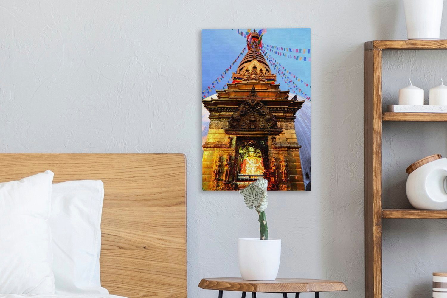 OneMillionCanvasses® Swayambhunath-Tempel inkl. im Zackenaufhänger, fertig asiatischen cm Leinwandbild Leinwandbild 20x30 bespannt Schatzkammer im St), Gemälde, (1 Eine Nepal,