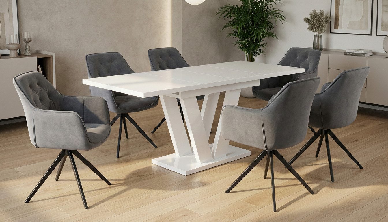 Endo-Moebel Essgruppe "Lara White" 130-210cm ausziehbar, Tischgruppe, für 6 Personen, (1 ausziehbarer Esstisch, 6 bequeme Stühle), Synchronauszug, Erweiterbar, Weiße Tischbeine, Säulengestell