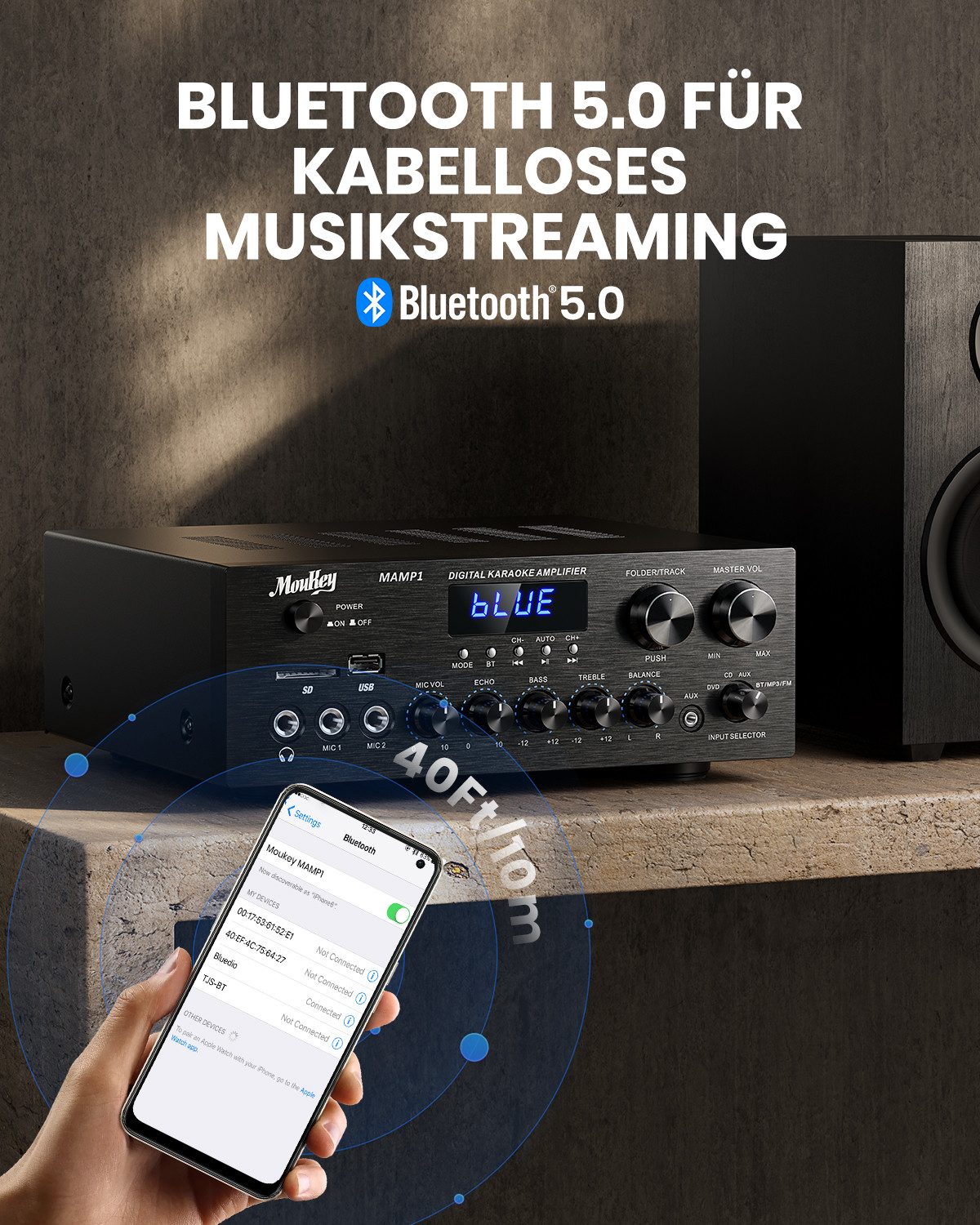Moukey MAMP1 2-Kanal Stereo-Verstärker Leistungsverstärker Bluetooth Verstärker (220 W, 2 Kanäle)