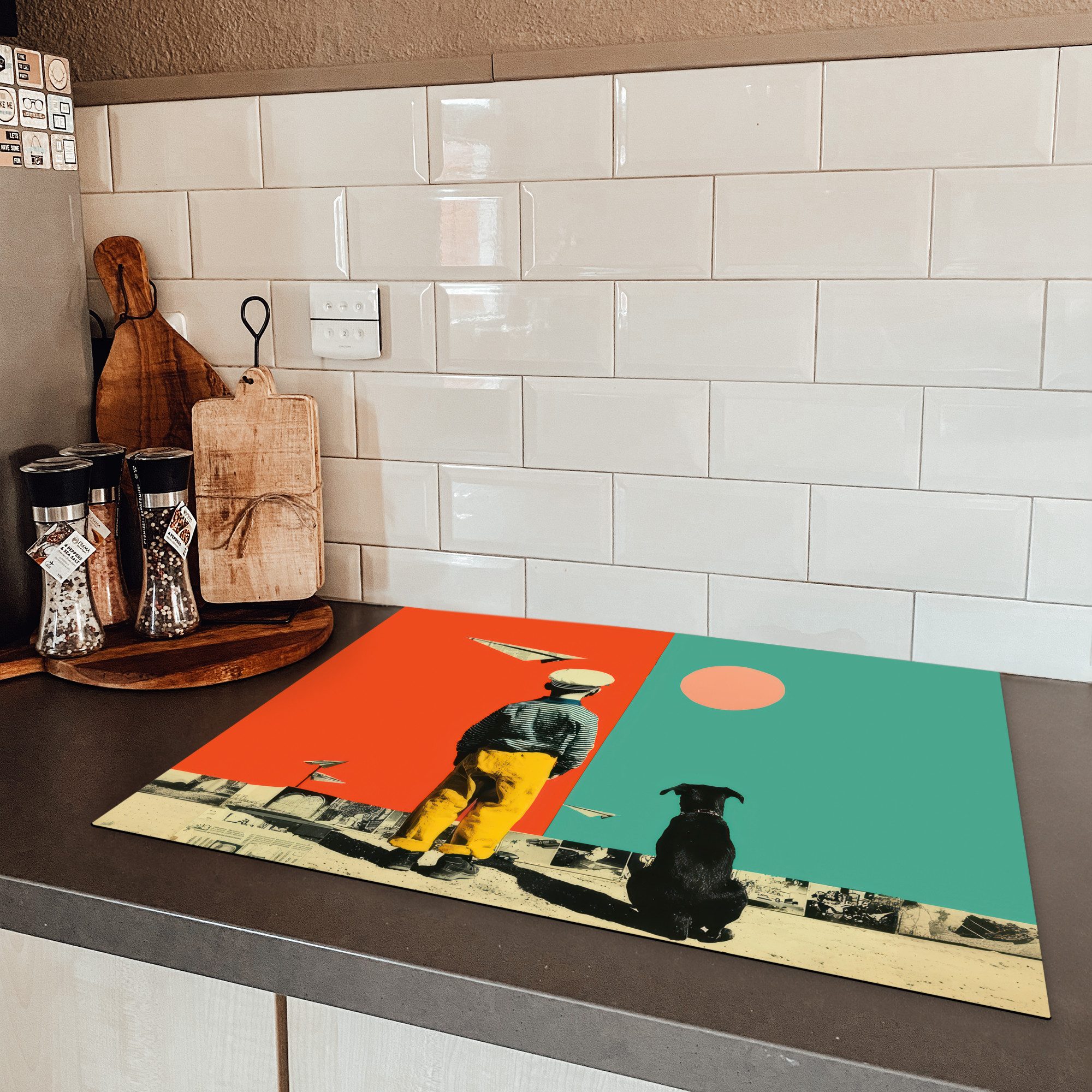MuchoWow Herd-Abdeckplatte Retro - Junge - Hund - Rot - Grün, Vinyl, (1 tlg), Küche Herdabdeckung Ceranfeld Induktionsfeld Vinyl, 65x50 cm