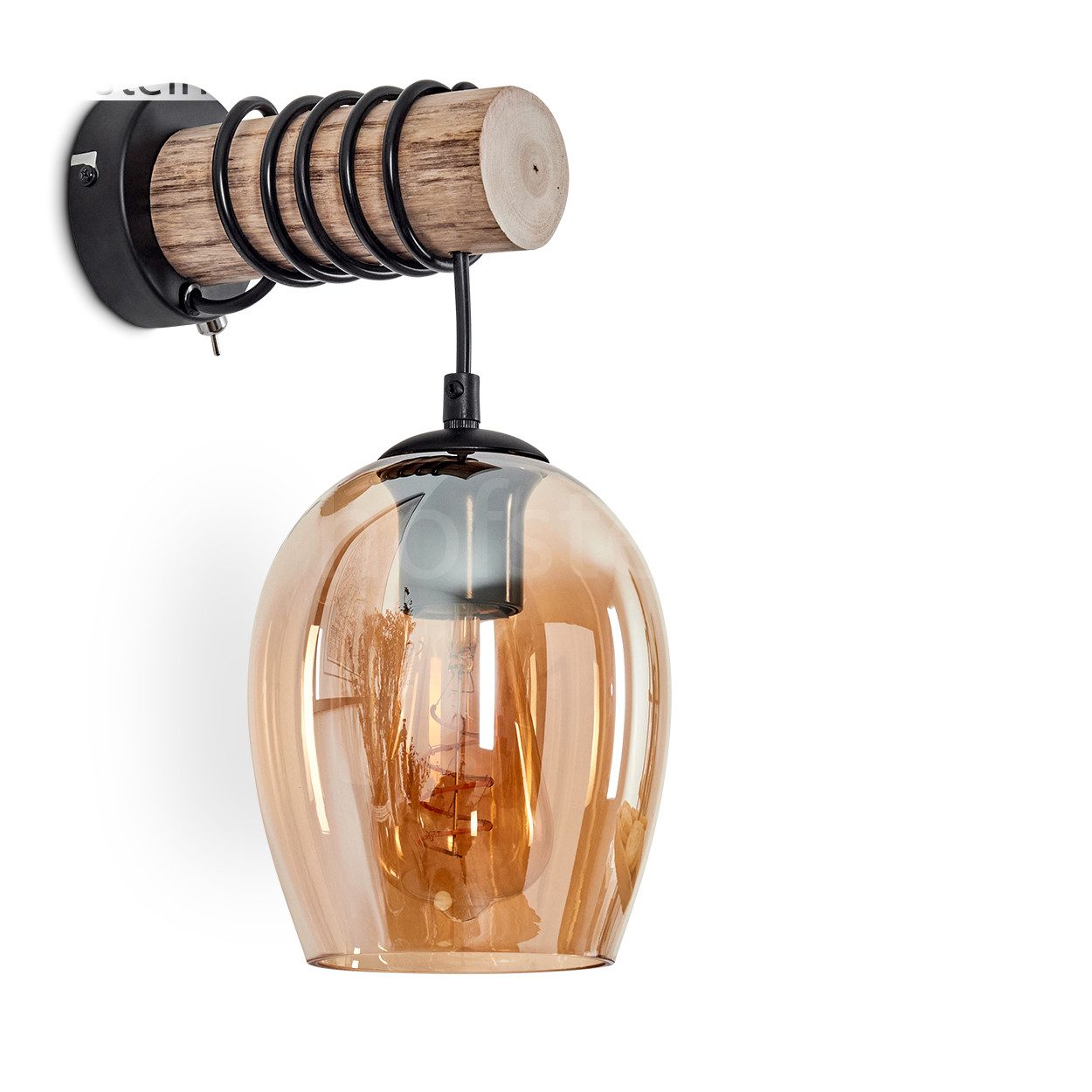 hofstein Wandleuchte Wandlampe aus Holz/Metall/Glas in Natur/Schwarz/Bernstein, ohne Leuchtmittel, Glasschirm u. An/-Auschalter am Gehäuse, 1x E27, ohne Leuchtmittel