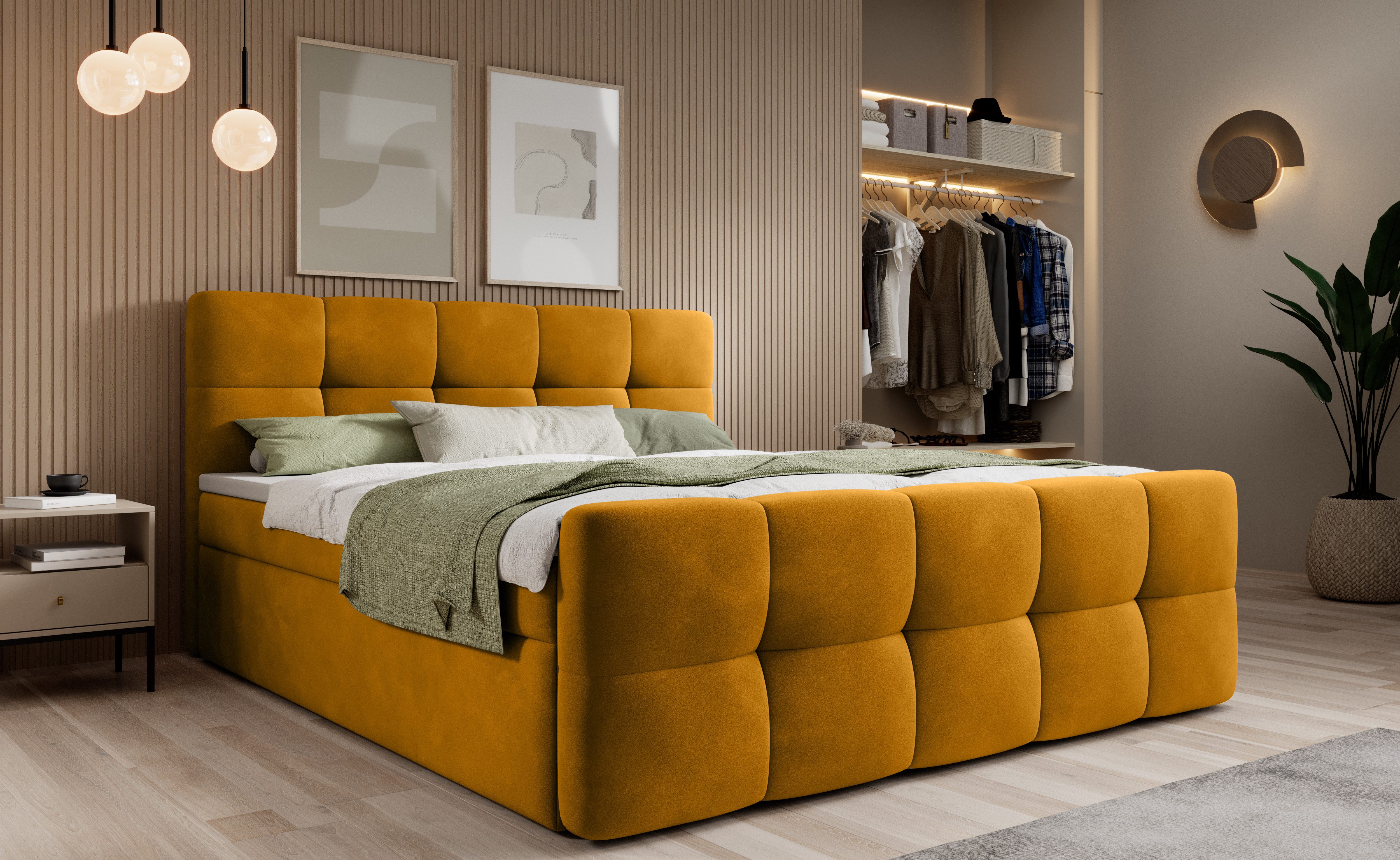 thematys Boxspringbett mit Bettkasten 140x200–200x200 cm – Velours oder Bouclé Bezug – (Polsterbett Bonnellfederkern Matratze H3 + Gratis 3cm Topper, Boxbett - Luxus Doppelbett mit Stauraum)