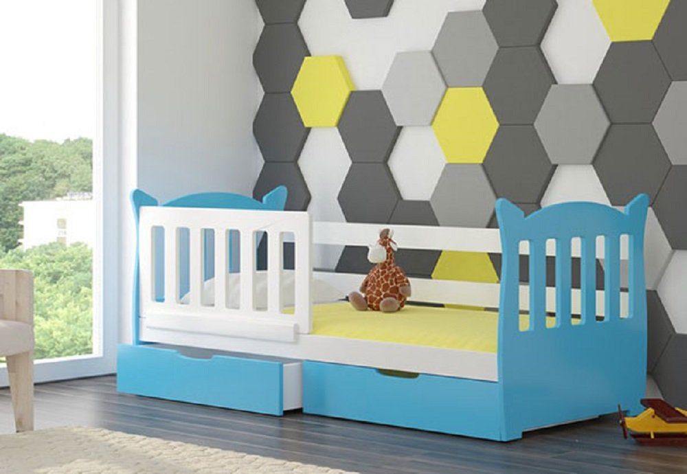 Feldmann-Wohnen Kinderbett LENA (mit 2 Schubladen), Farbe wählbar Kiefer weiß / Absetzungen: blau