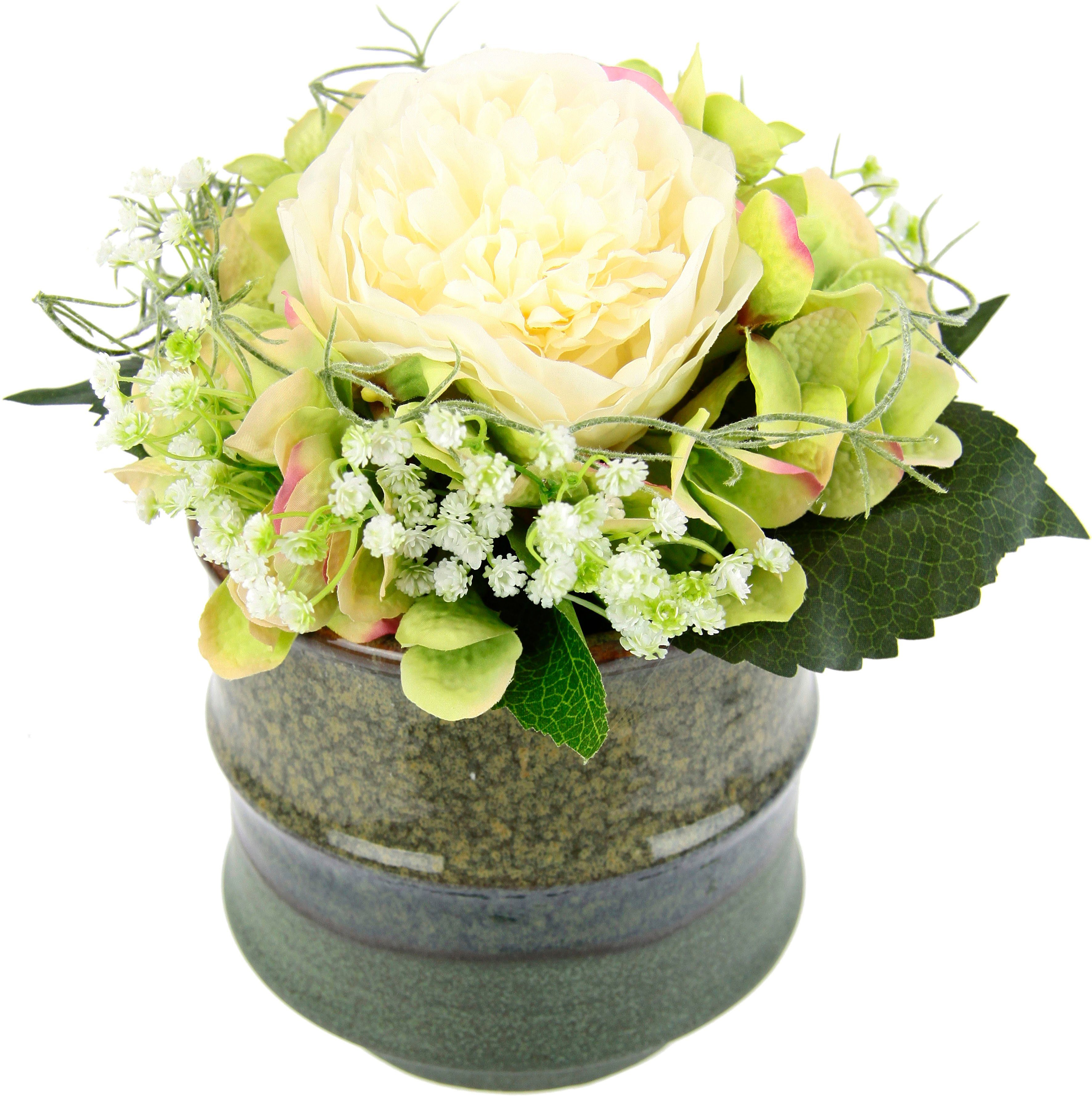 Kunstblume Päonie, I.GE.A., Höhe 25 cm, Hortensie mit Schleierkraut im Topf aus Keramik Bauernrose