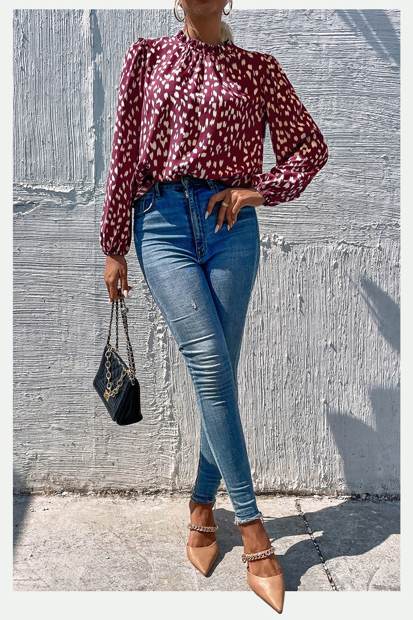 FS Collection Langarmbluse Damen Bluse hochgeschlossenes Oberteil mit Rüschendetail & Blumendruck (XS (UK 8 / EU 36) S (UK 10 / EU 38) M (UK 12 / EU 40) L (UK 14 / EU 42) XL (UK 16 / EU 44, 7 Farben) Leicht, Glatt, Formbeständig und angenehm zu tragen