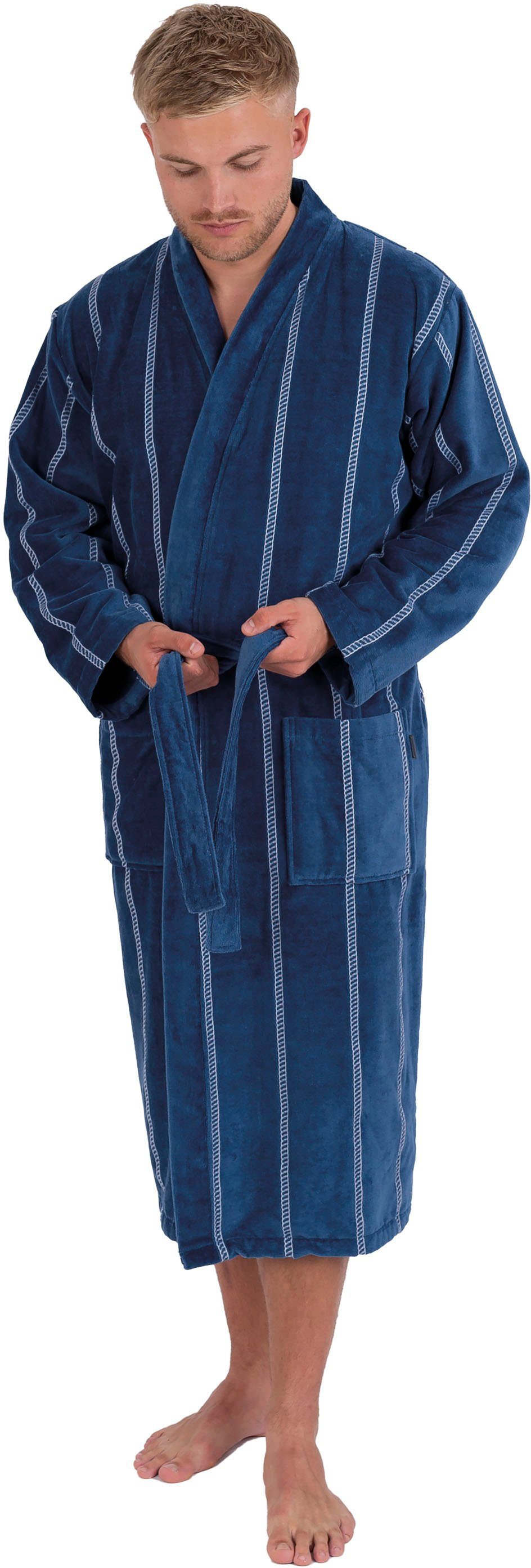 Wewo fashion Herrenbademantel 1607, Langform, dunkelblau Kimono-Kragen, mit Baumwolle, Gürtel, gestreift, Kimono-Kragen, lang