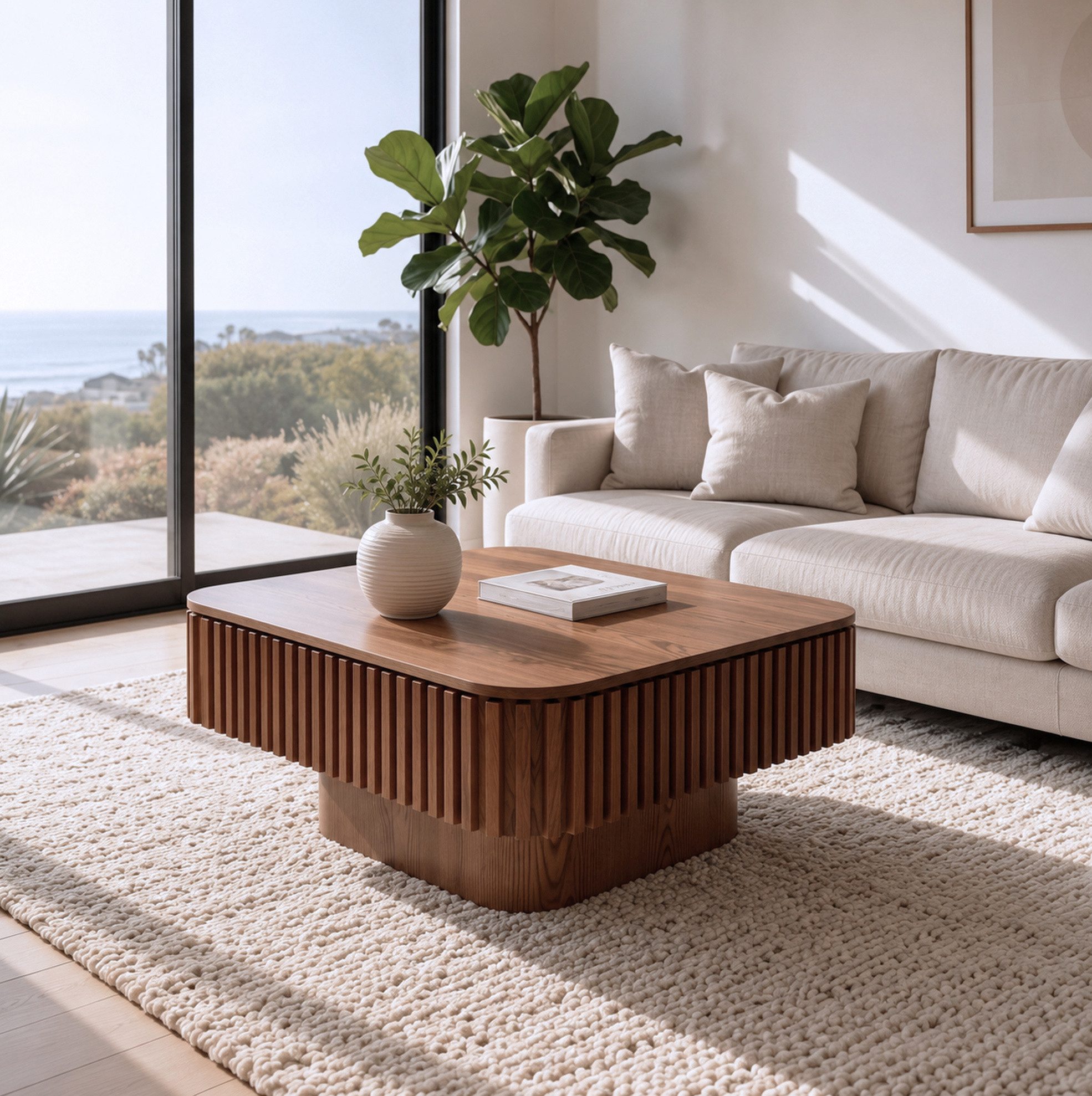 MODFU Couchtisch Wohnzimmertisch 75 cm Quadrat Walnuss mit Stauraumfach (Packung, 1-St., Beistelltisch modernes Design für Wohnung Apartment und Büro), Kaffeetisch mit Holzfurnier Rillenfront und einfacher Montage