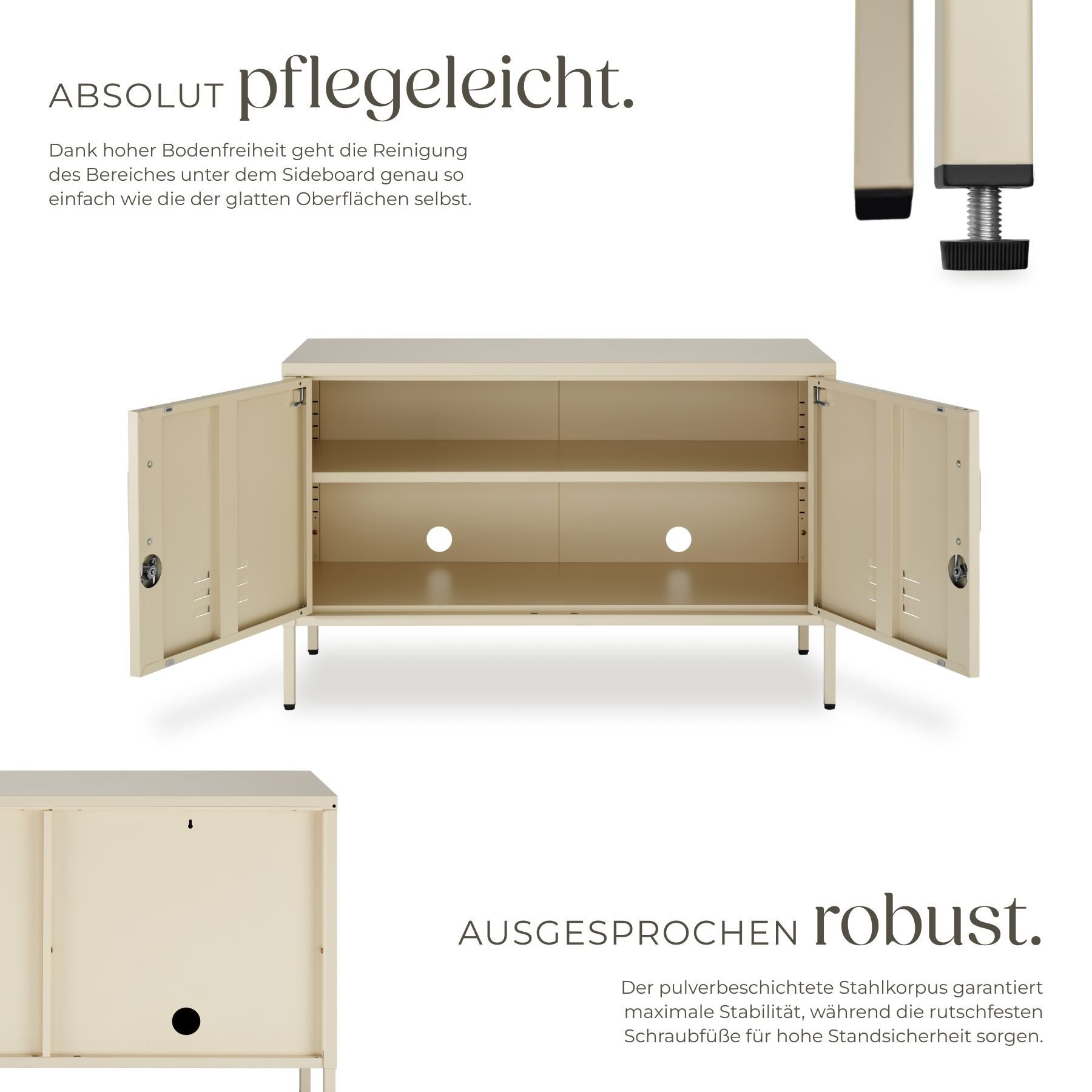 tectake Lowboard Sideboard, Kippschutz, höhenverstellbare Füße, 100 x 42,5 x 65 cm (Kommode Baker, in creme), 3 Türen mit Magnetverschluss, Zwischenboden verstellbar, Kabelführung