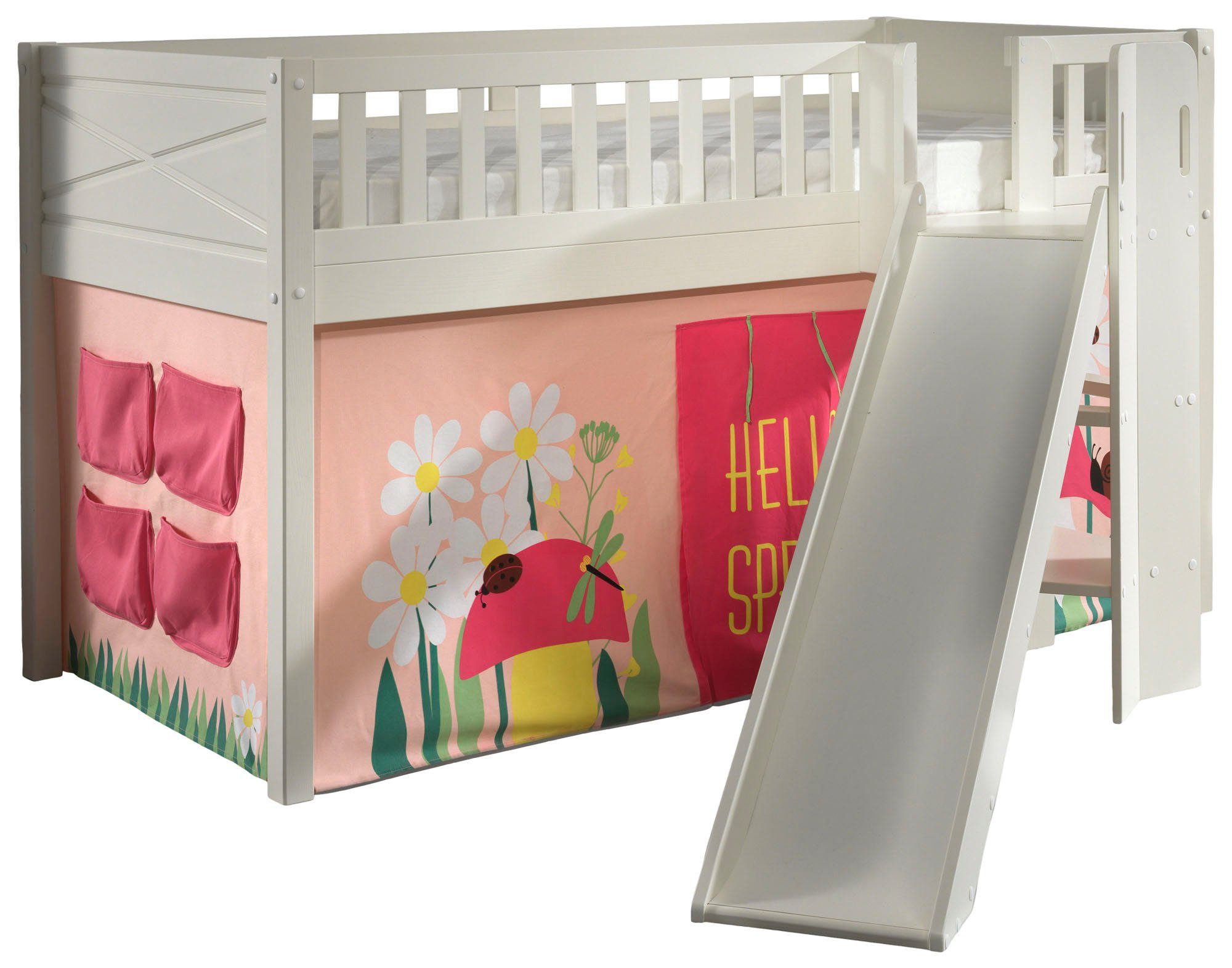 Vipack Hochbett Scott m. Rutsch-/Leiterturm, LF 90x200 cm, Vorhang, Tunnel, 4 Designs Rosa mit floralem Muster