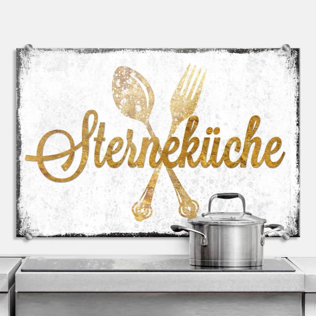 K&L Wall Art Spritzschutz Herd Küchenrückwand Vintage Schriftzug Sterneküche Gold