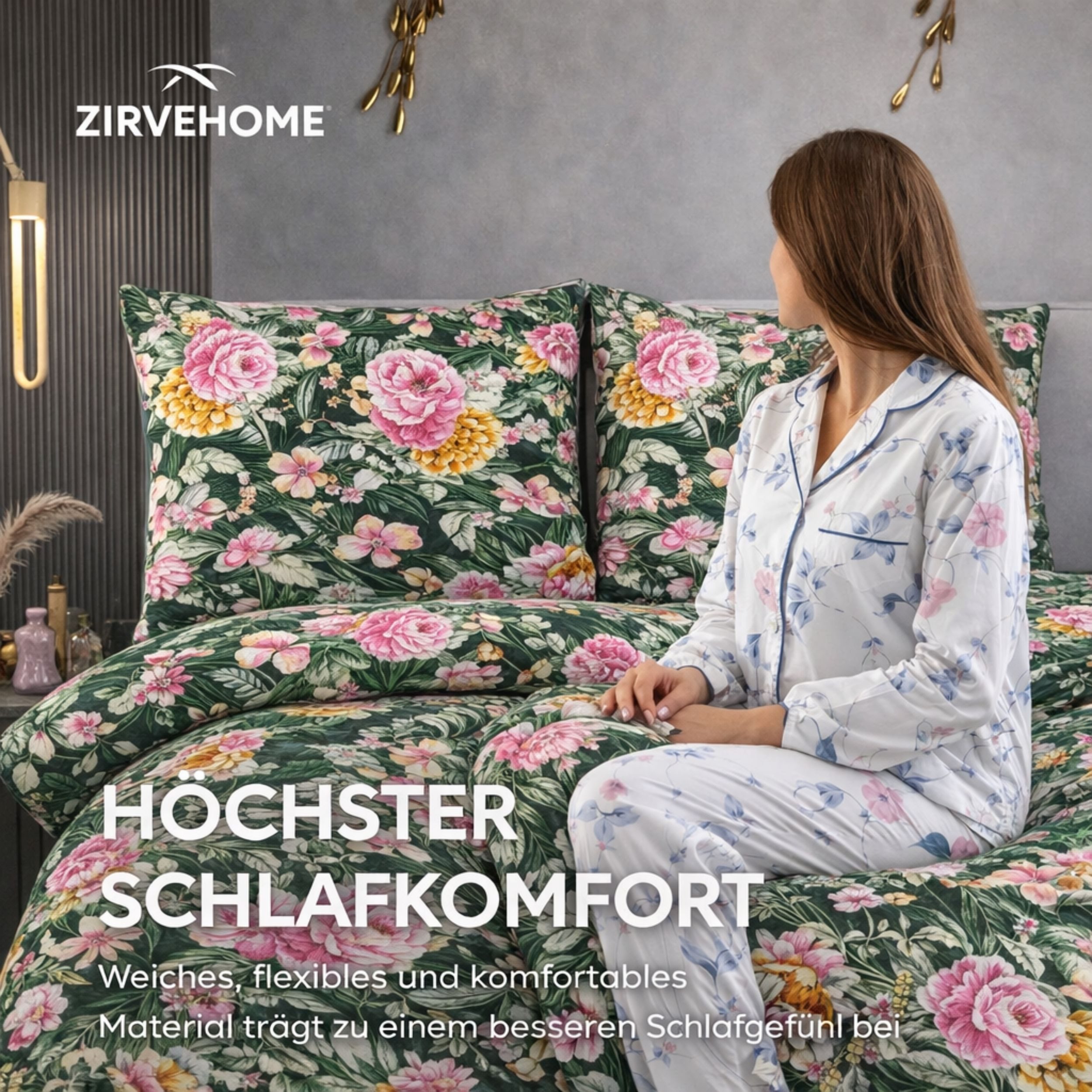 ZIRVEHOME Bettwäsche Baumwolle Bettwäsche-Set Dunkelgrün Florales Blumenmuster, Renforce, 2 teilig, Baumwolle Bettbezug Dunkelgrün mit Blumenmuster