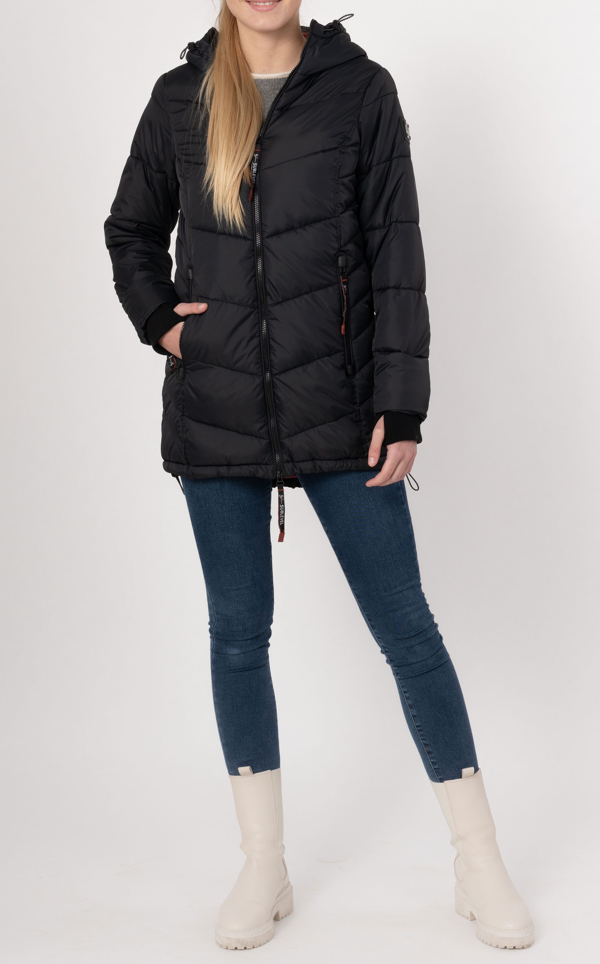 SUBLEVEL Steppjacke Damen Mantel mit Kapuze lange Winter Jacke Parka Stehkr günstig online kaufen