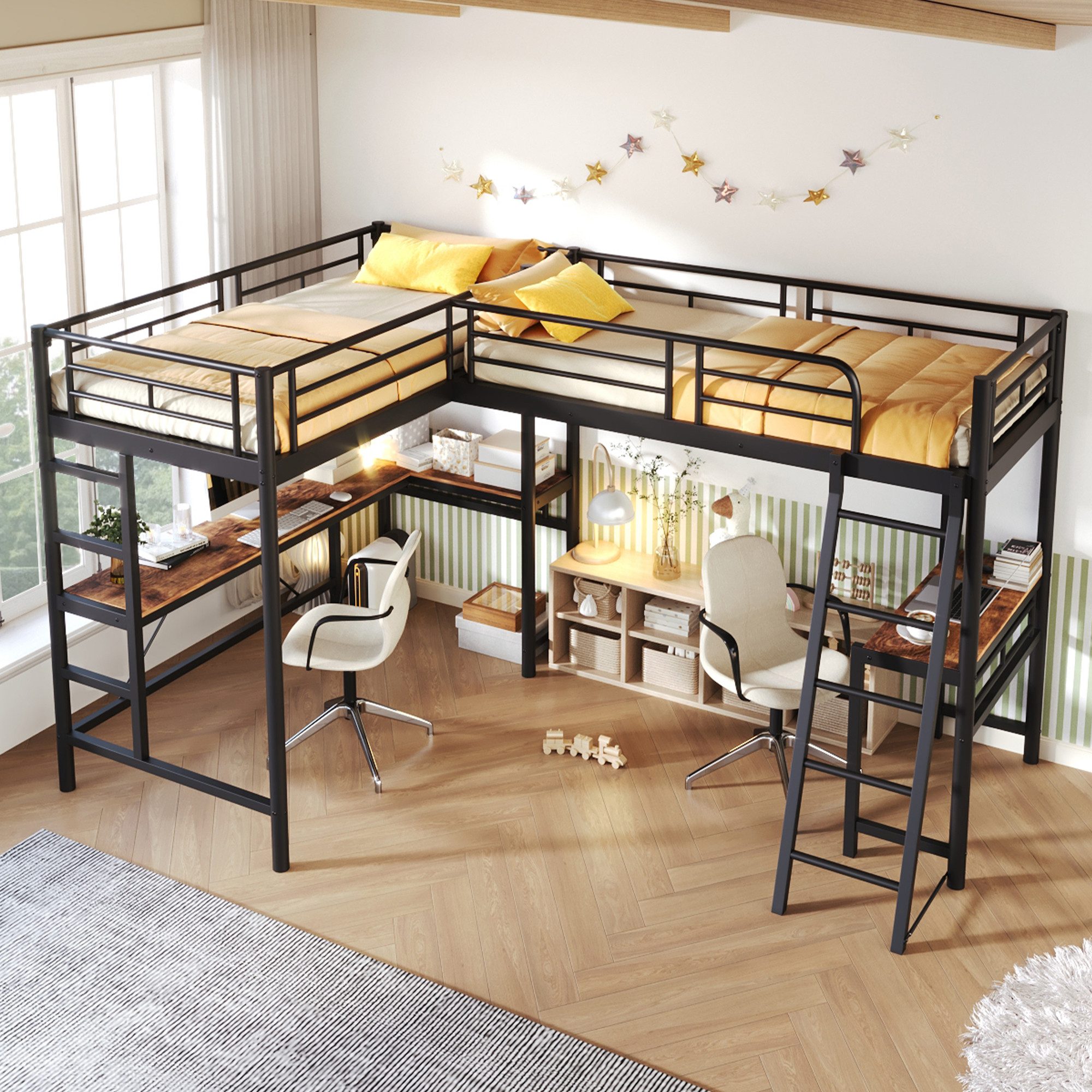 Flieks Hochbett Kinderbett Metallbett 90x200cm mit 2 Liegefläche und Schreibtisch