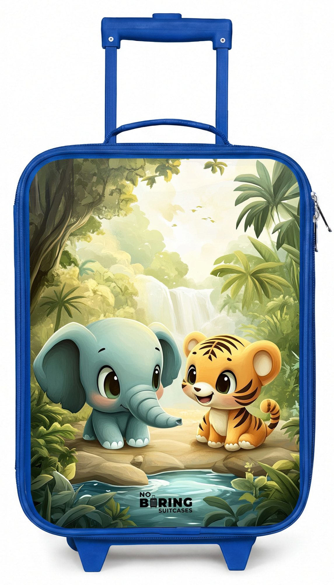 NoBoringSuitcases.com© Kinderkoffer Blau - mit leuchtende Räder - Elefant - Tiger - Wald - Dschungel, 2 Rollen, Handgepäck Koffer, Trolley Kinder, Reisekoffer Jungen