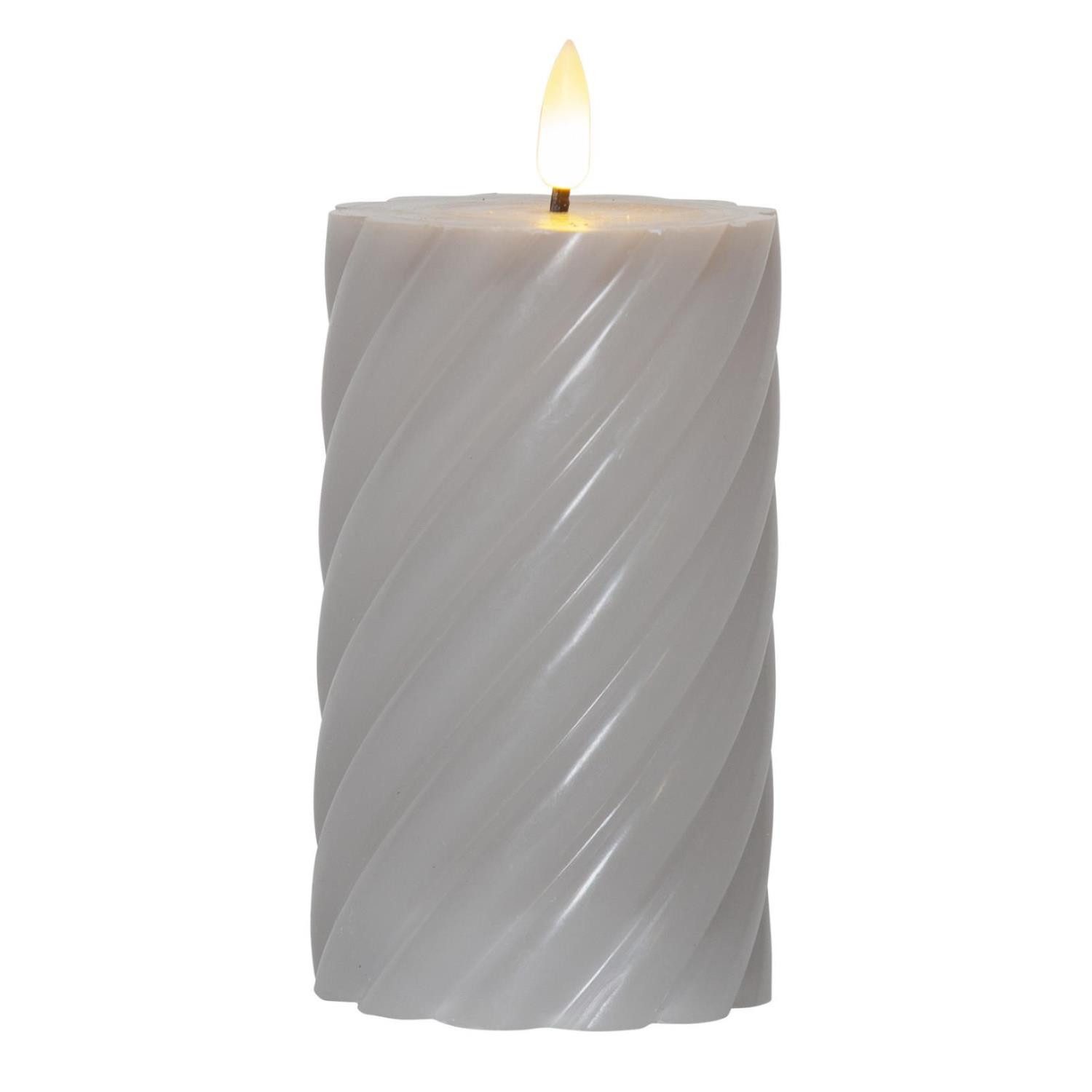 LED-Kerze Stumpenkerze Swirl Echtwachs gedreht 3D Flamme H: 15cm Timer grau
