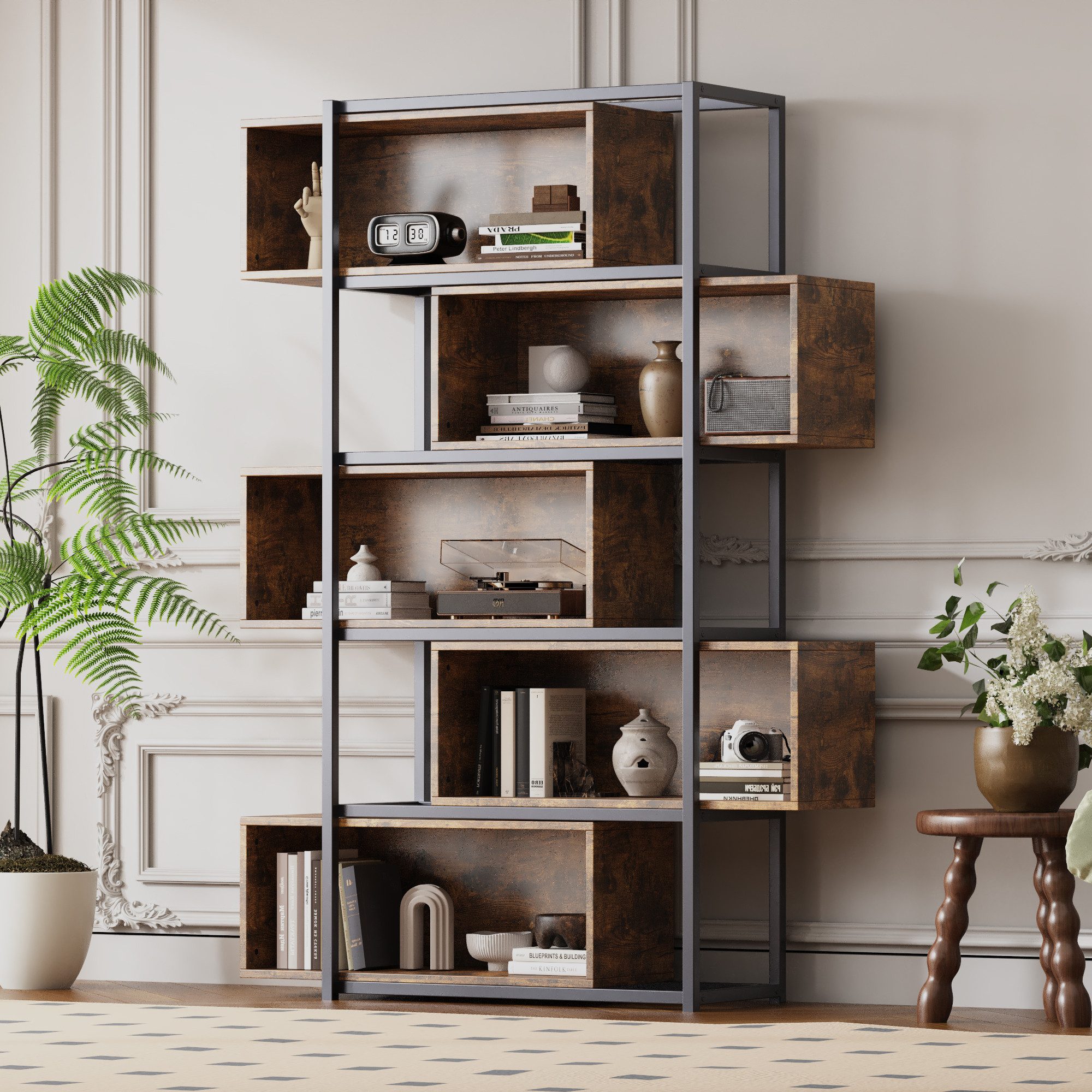 Flieks Bücherregal brauner Holzoptik, 5 verstellbare Fächer, 1-tlg., Standregal mit 5 Abnehmbaren Ebenen Büroregal Schrank, Stahlgestell – Bild 5 von 5