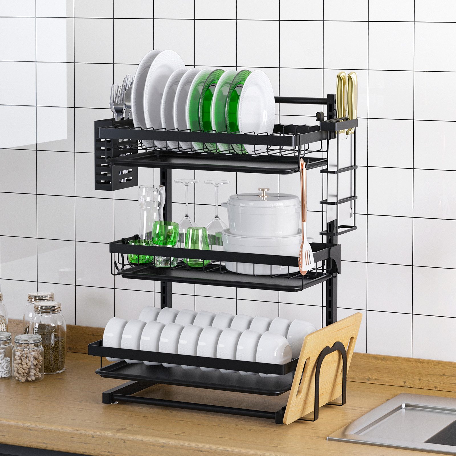 OUNUO Geschirrständer 3-stufiges abtropfgestell geschirr Geschirrtrockner, Zubehör für Küche