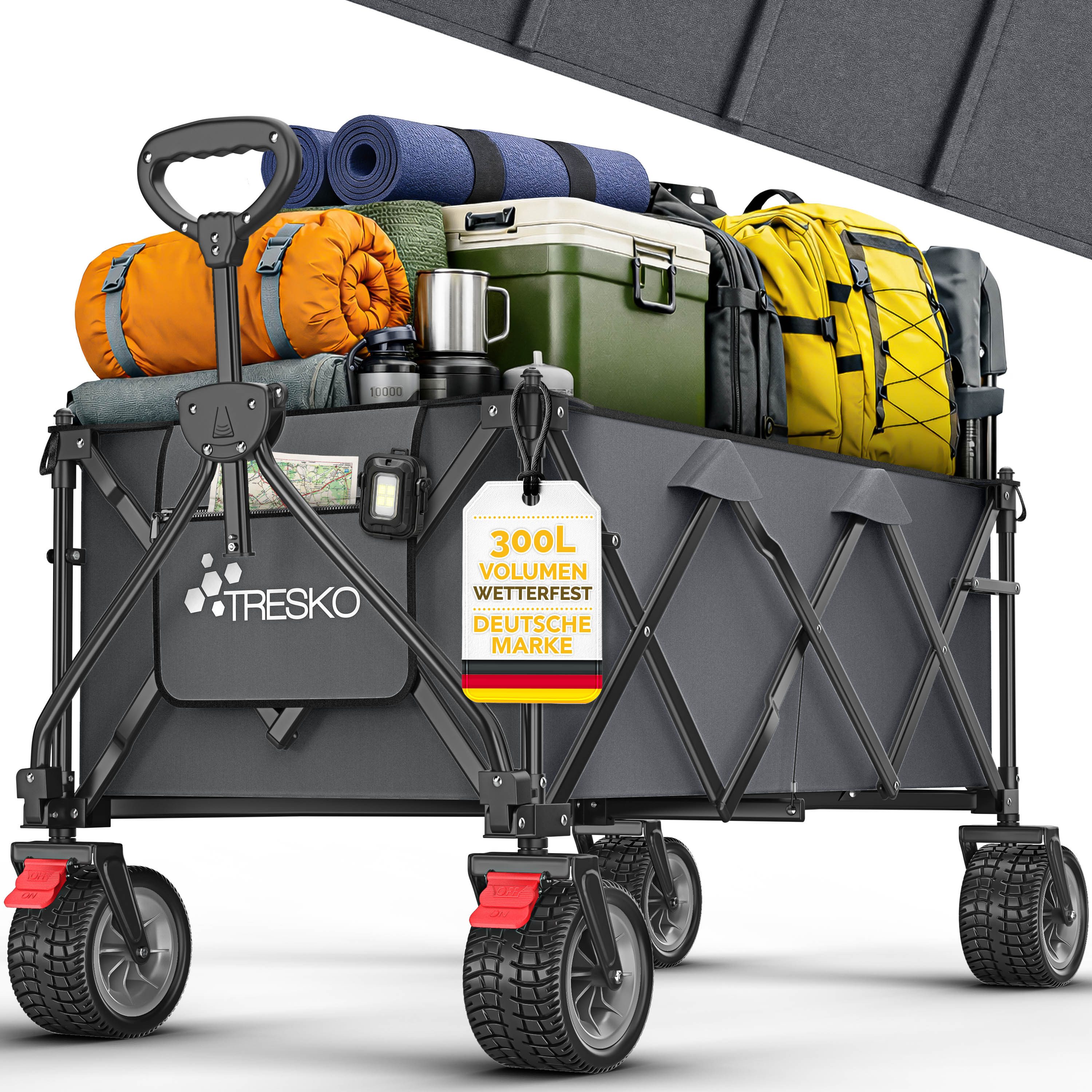 TRESKO Bollerwagen Bollerwagen faltbar 300L mit Bremse Handwagen klappbar 150kg (inkl. Vollgummireifen Faltbarer Strandwagen mit Extra Breite All-Terrain-Räder, Gartenwagen Transportwagen mit Tragetasche)